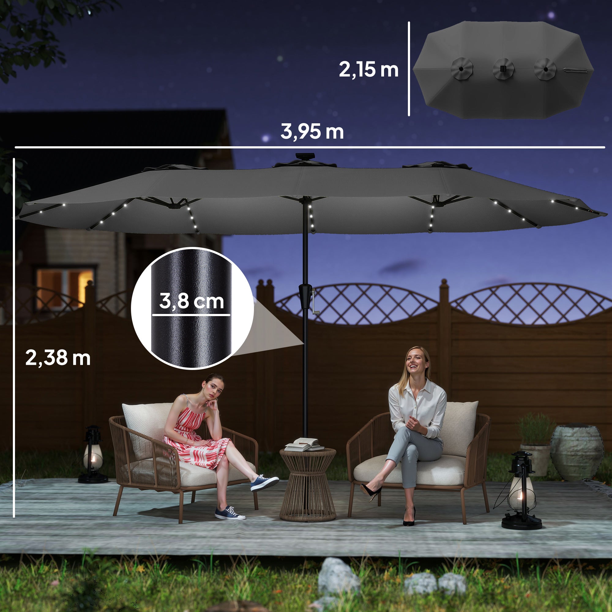Outsunny Sombrilla Doble con 36 Luces LED Solares, 4x2 m, Sombrilla Terraza Exterior con Manivela, UPF50+, 12 Varillas, Resistente al Agua, Parasol para Jardín, Terraza, Patio, Gris Oscuro
