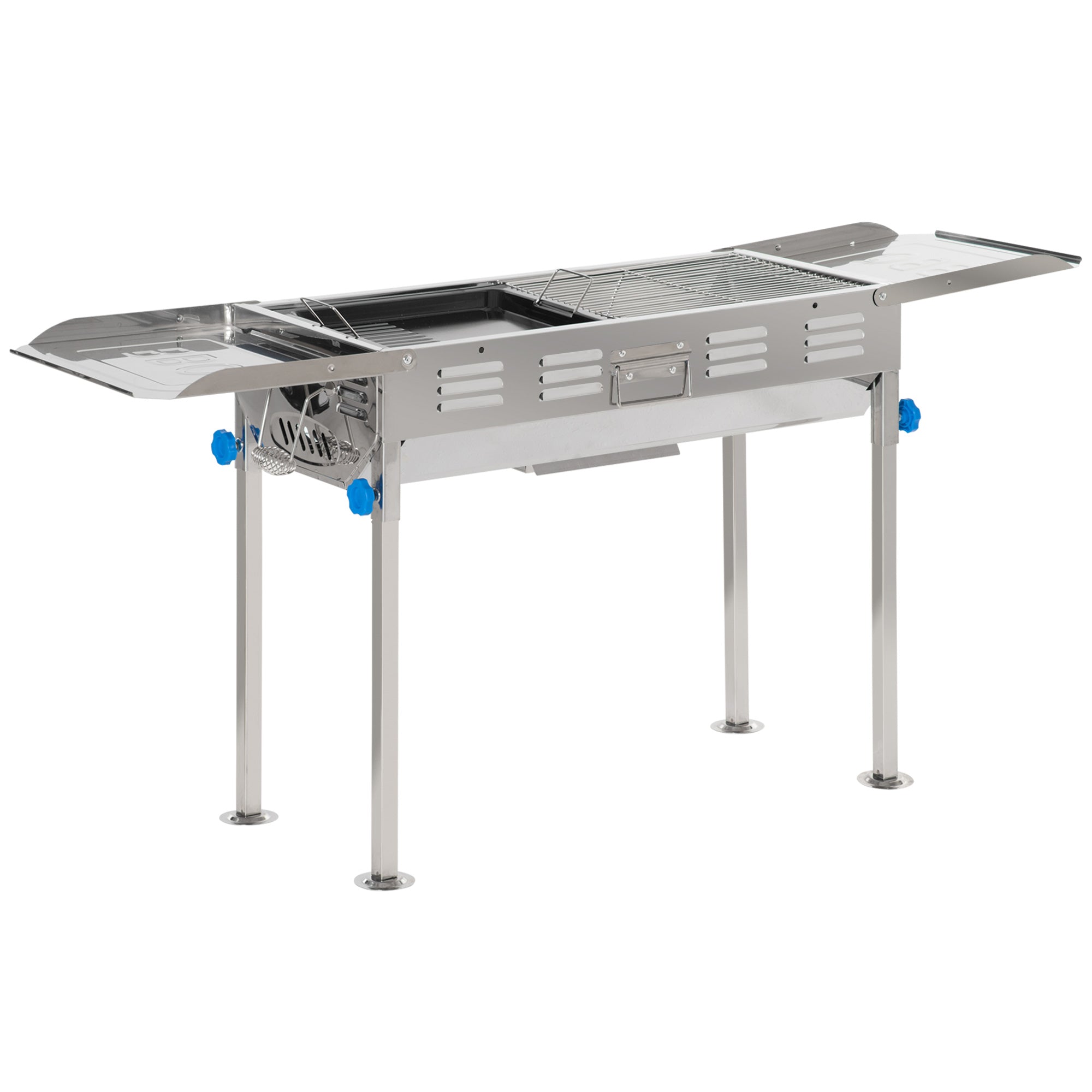 Outsunny Barbacoa de Carbón de Acero Inoxidable Portátil con Altura Ajustable 2 Estantes Plancha y Parrillas al Aire Libre para BBQ Camping Picnics 120x31x60-70 cm Plata