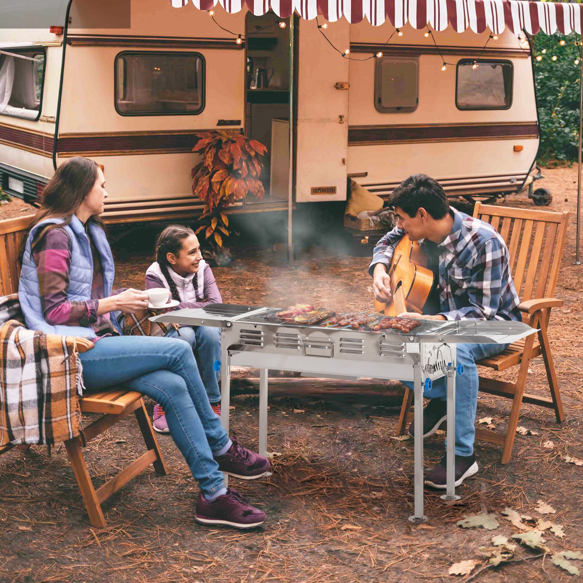 Outsunny Barbacoa de Carbón de Acero Inoxidable Portátil con Altura Ajustable 2 Estantes Plancha y Parrillas al Aire Libre para BBQ Camping Picnics 120x31x60-70 cm Plata
