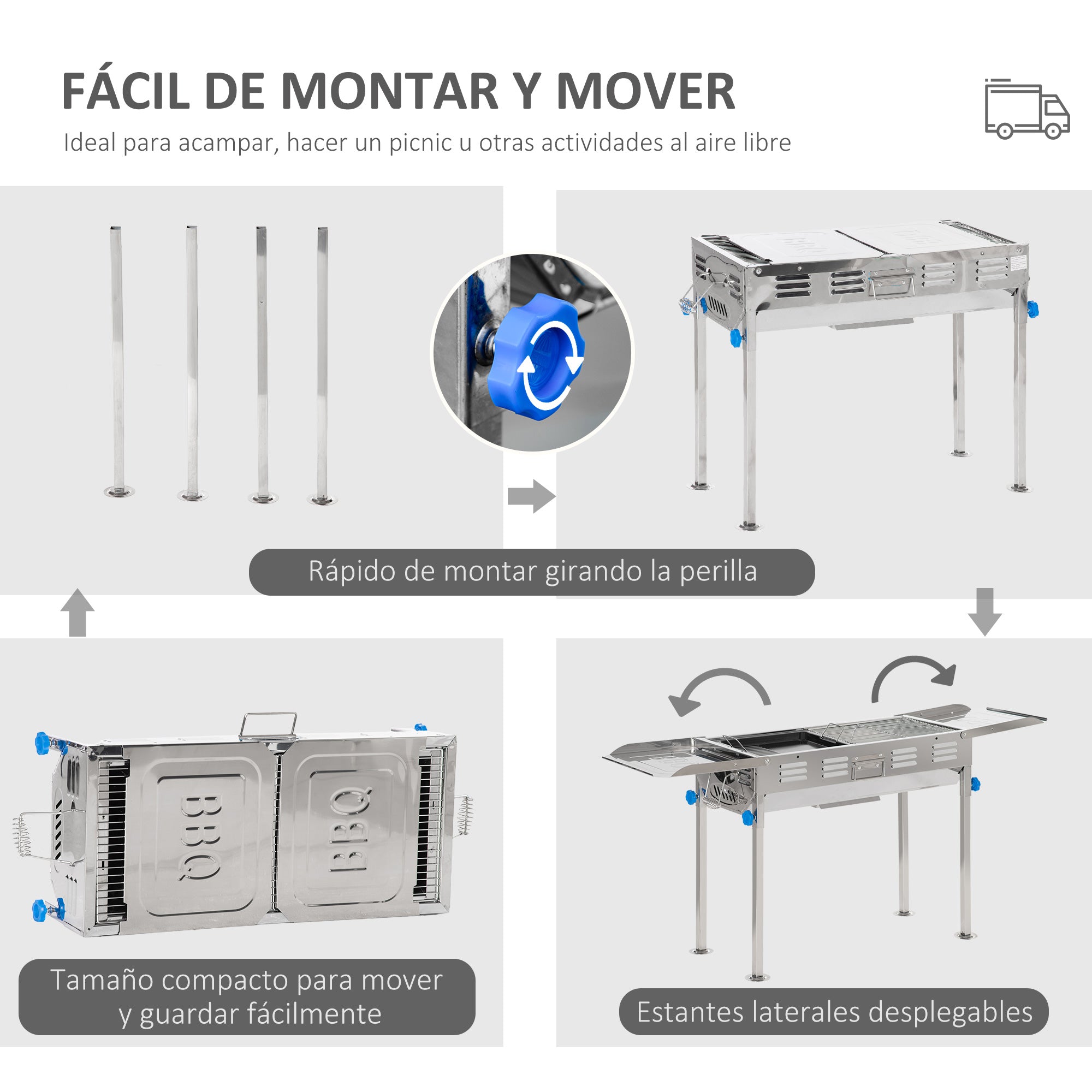 Outsunny Barbacoa de Carbón de Acero Inoxidable Portátil con Altura Ajustable 2 Estantes Plancha y Parrillas al Aire Libre para BBQ Camping Picnics 120x31x60-70 cm Plata