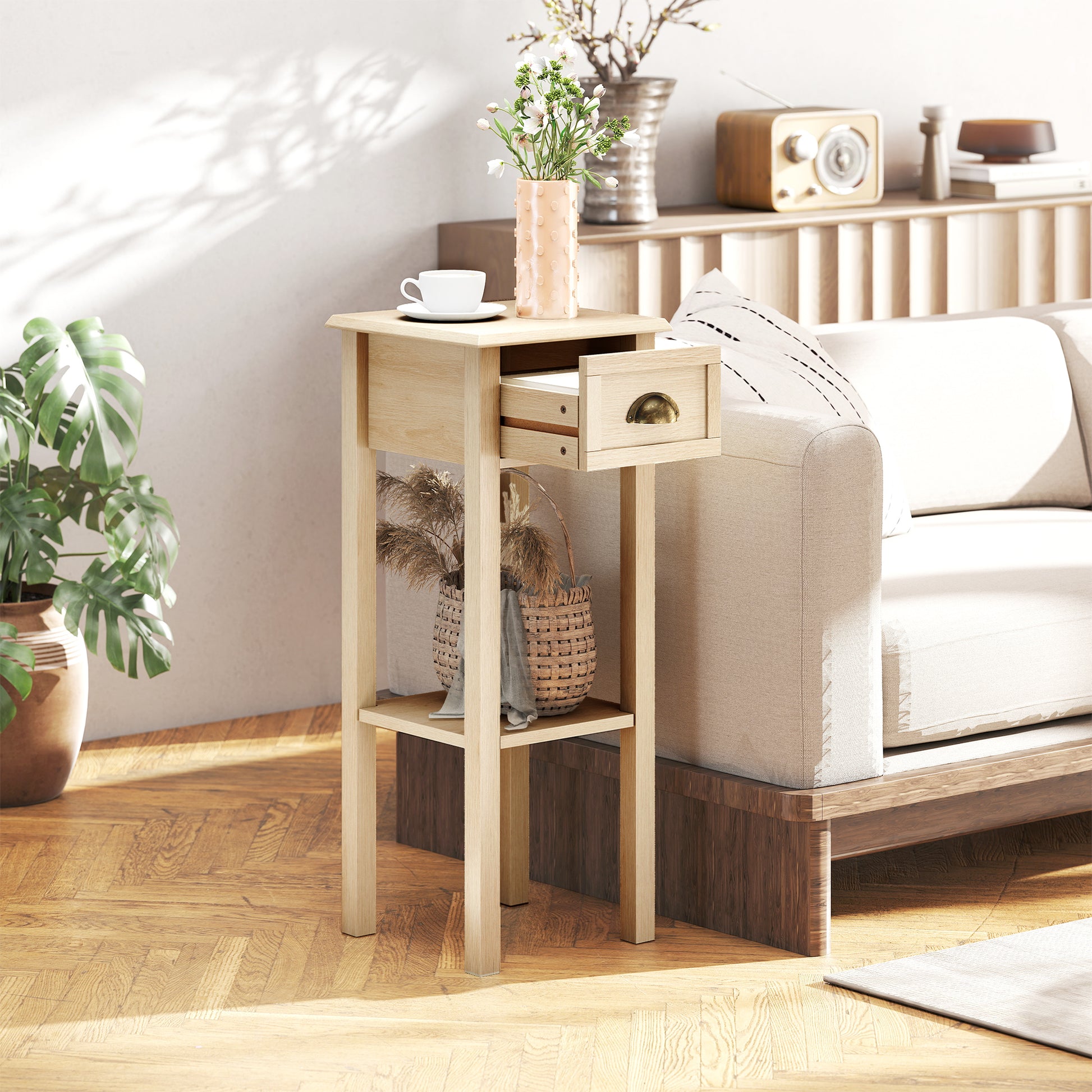 HOMCOM Mesa Auxiliar Rústica, Mesa Auxiliar para Sofá, con Cajón y Estante, Mesita de Noche para Salón, Dormitorio, 30x30x75 cm, Madera Natural