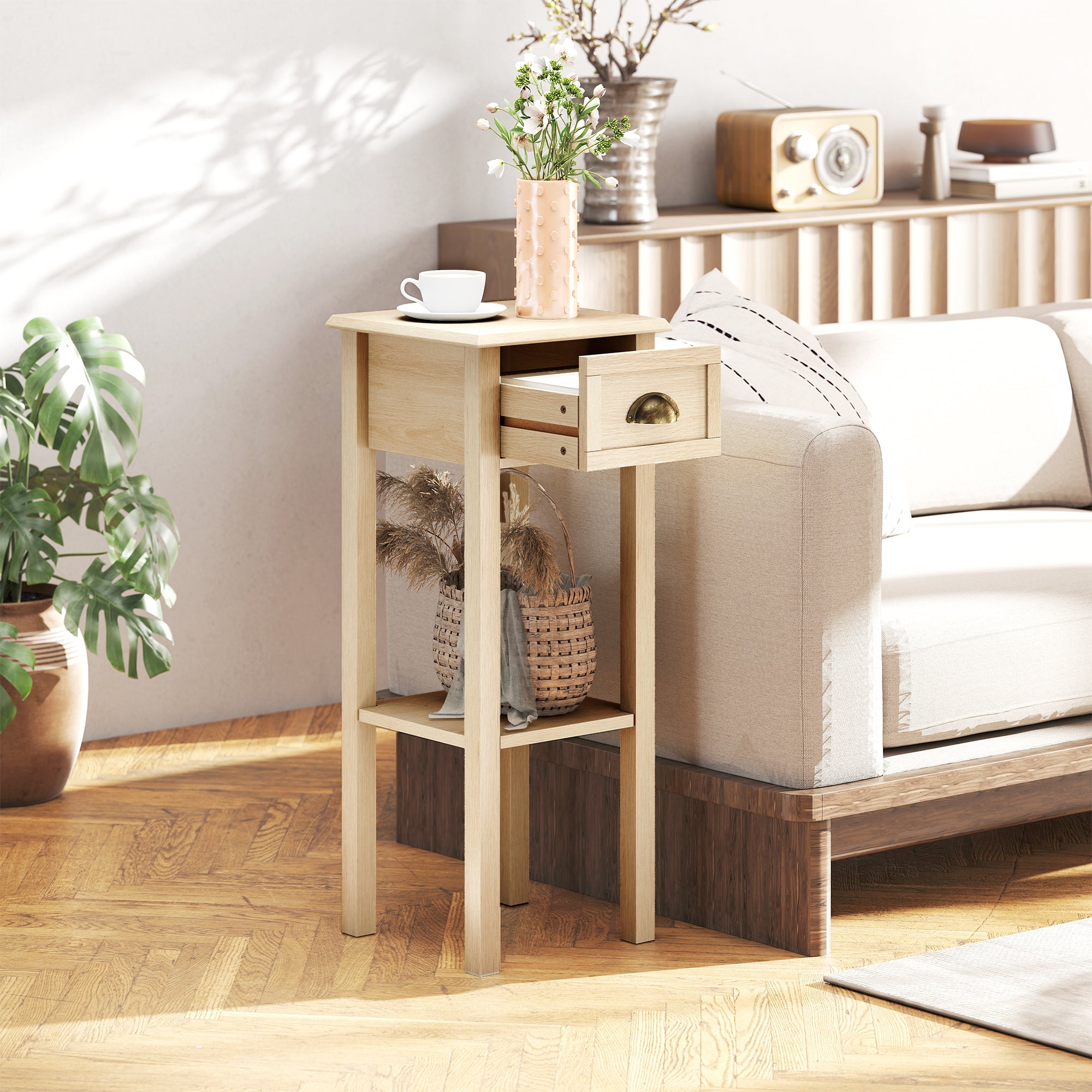 HOMCOM Mesa Auxiliar Rústica, Mesa Auxiliar para Sofá, con Cajón y Estante, Mesita de Noche para Salón, Dormitorio, 30x30x75 cm, Madera Natural