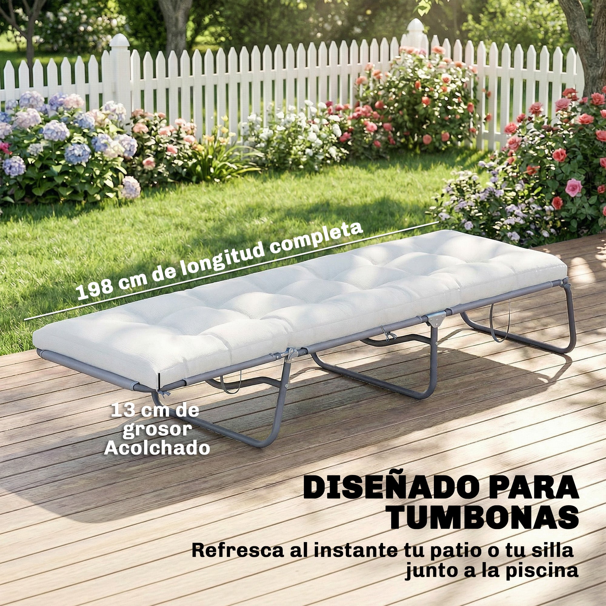 Outsunny Cojín para Banco Exterior, Cojín para Banco y Tumbona de Jardín con Correas de Sujeción, Protección UV50+, Rebote Lento, para Interior y Exterior, 198x65x13 cm, Crema