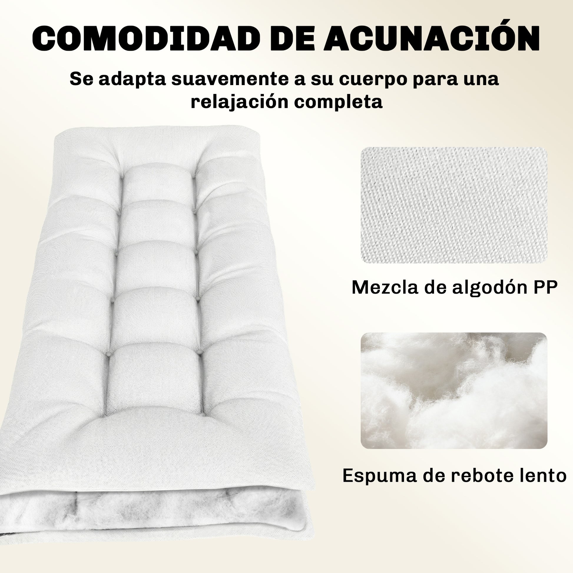 Outsunny Cojín para Banco Exterior, Cojín para Banco y Tumbona de Jardín con Correas de Sujeción, Protección UV50+, Rebote Lento, para Interior y Exterior, 198x65x13 cm, Crema