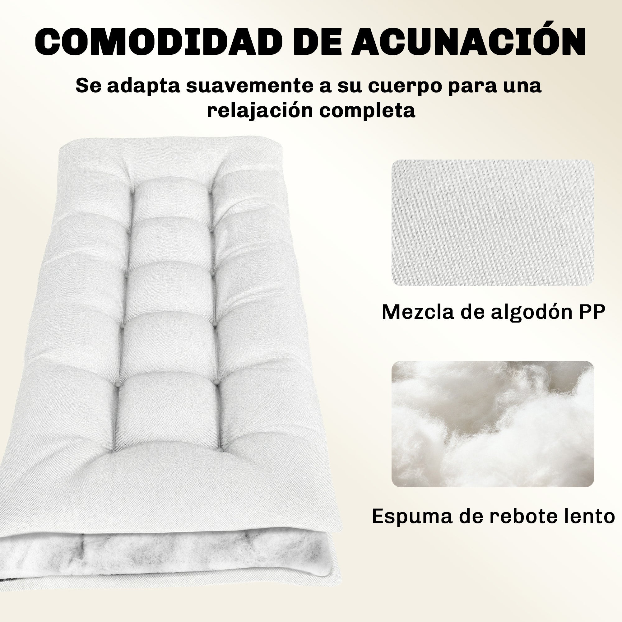 Outsunny Cojín para Banco Exterior, Cojín para Banco y Tumbona de Jardín con Correas de Sujeción, Protección UV50+, Rebote Lento, para Interior y Exterior, 198x65x13 cm, Crema