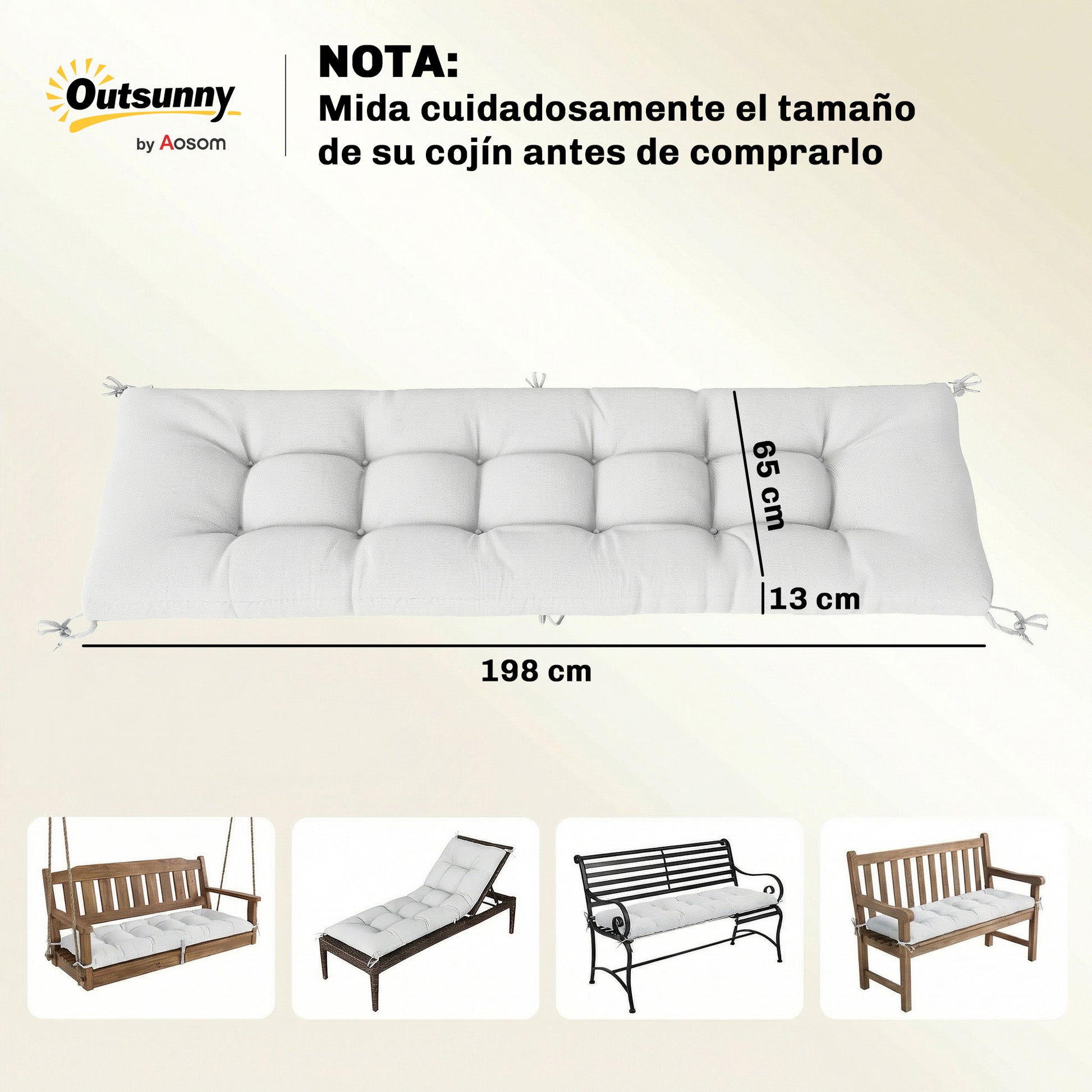 Outsunny Cojín para Banco Exterior, Cojín para Banco y Tumbona de Jardín con Correas de Sujeción, Protección UV50+, Rebote Lento, para Interior y Exterior, 198x65x13 cm, Crema