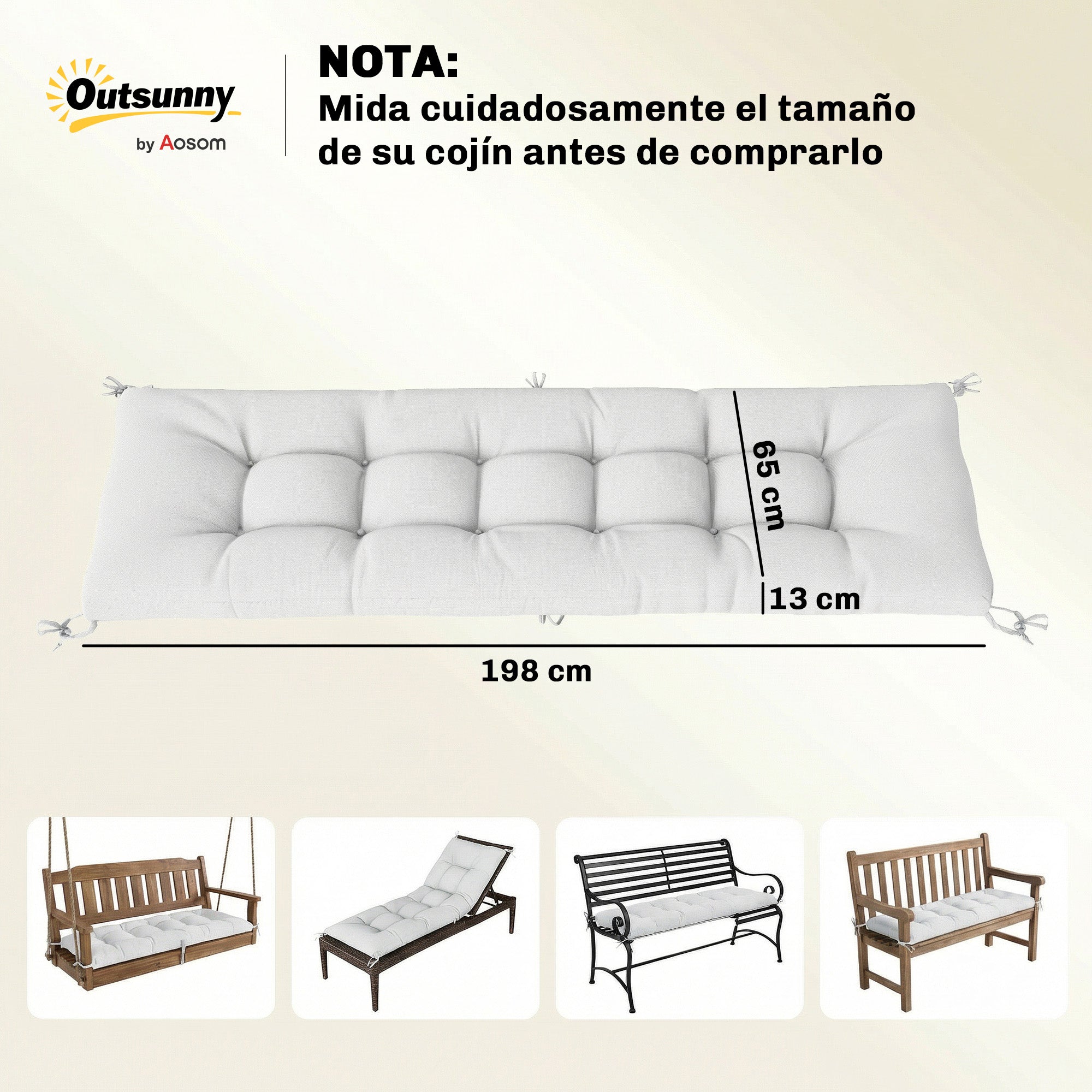 Outsunny Cojín para Banco Exterior, Cojín para Banco y Tumbona de Jardín con Correas de Sujeción, Protección UV50+, Rebote Lento, para Interior y Exterior, 198x65x13 cm, Crema