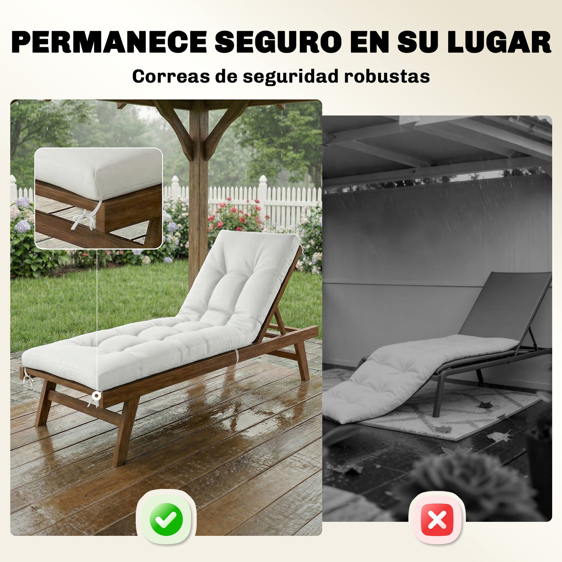 Outsunny Cojín para Banco Exterior, Cojín para Banco y Tumbona de Jardín con Correas de Sujeción, Protección UV50+, Rebote Lento, para Interior y Exterior, 198x65x13 cm, Crema