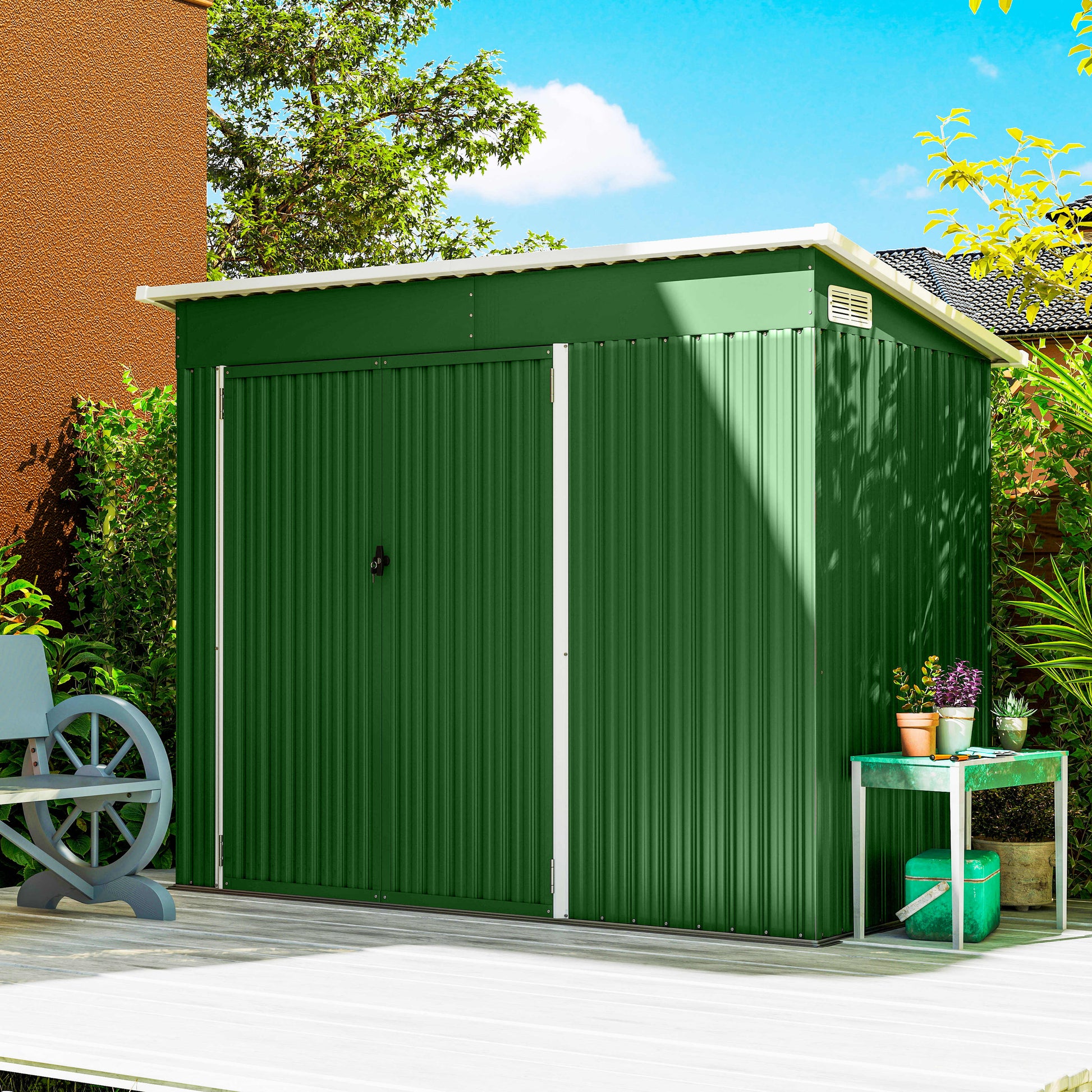 Outsunny Caseta de Jardín Exterior 2,7 m², 234x132x185 cm, Cobertizo de Jardín Exterior Metálico con Triple Puerta, Cerradura, Techo Inclinado y Ventilación para Almacenamiento de Herramientas, Verde