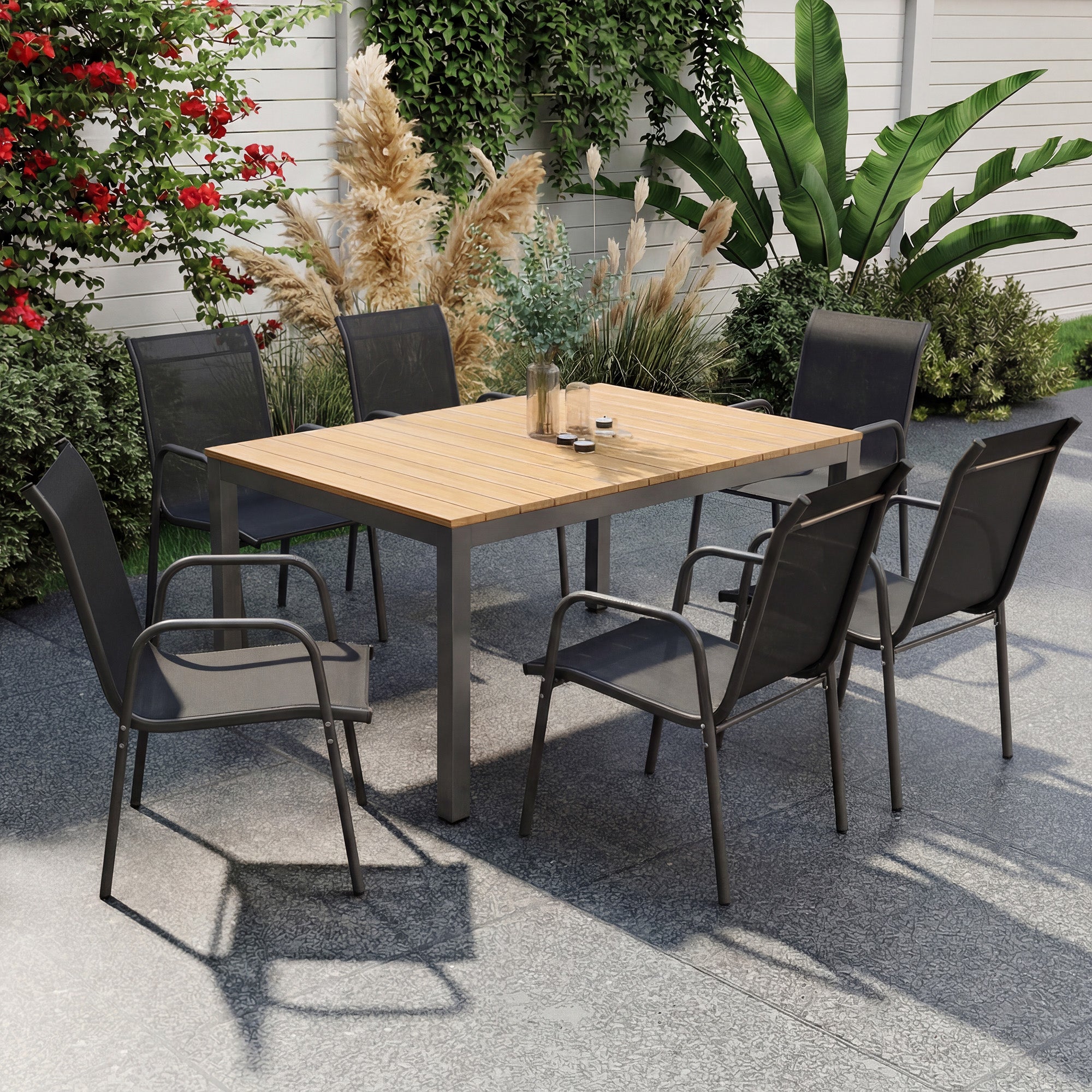 Outsunny Juego de 6 Sillas de Jardín Exterior Apilables, Sillas Terraza Exterior con Reposabrazos, Asiento y Respaldo de Malla Transpirable, Estructura Metálica Resistente, 51x69x87 cm, Negro