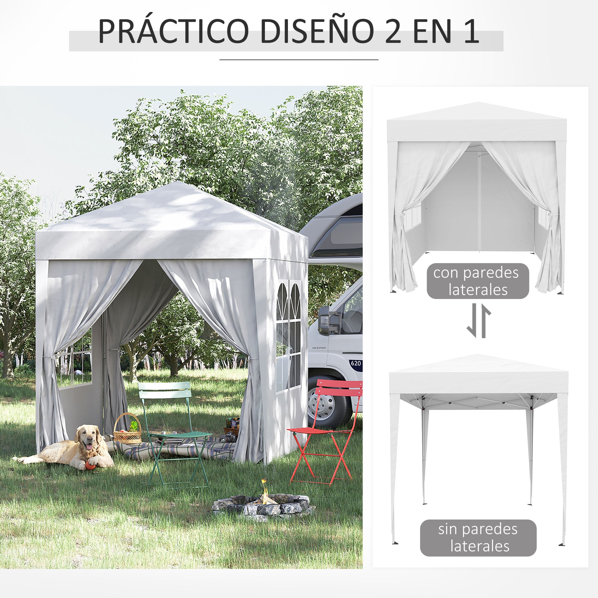 Outsunny Carpa Plegable Pop-up Gazebo 2x2 m Cenador Plegable con 4 Paredes Laterales Anti-UV y Bolsa de Transporte para Camping Fiestas Blanco