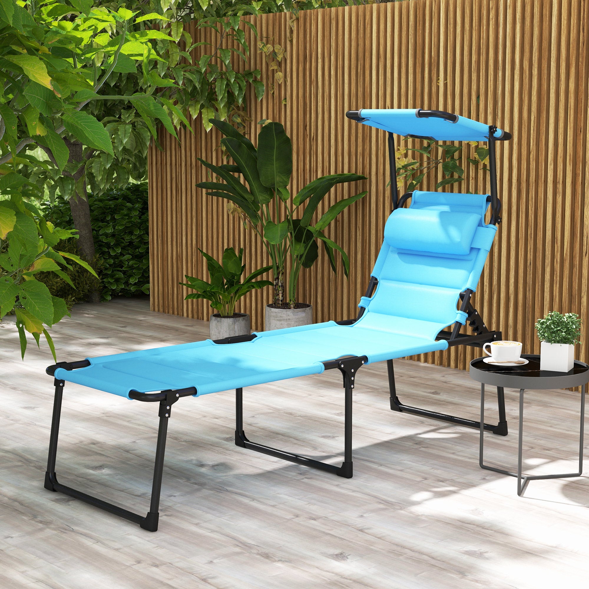 Outsunny Tumbona Plegable, Tumbona Jardín Exterior con Toldo Ajustable, Respaldo Regulable en 4 Niveles, Reposacabezas, Cojín Grueso, para Terraza, Piscina, 70x200x45 cm, Azul Claro