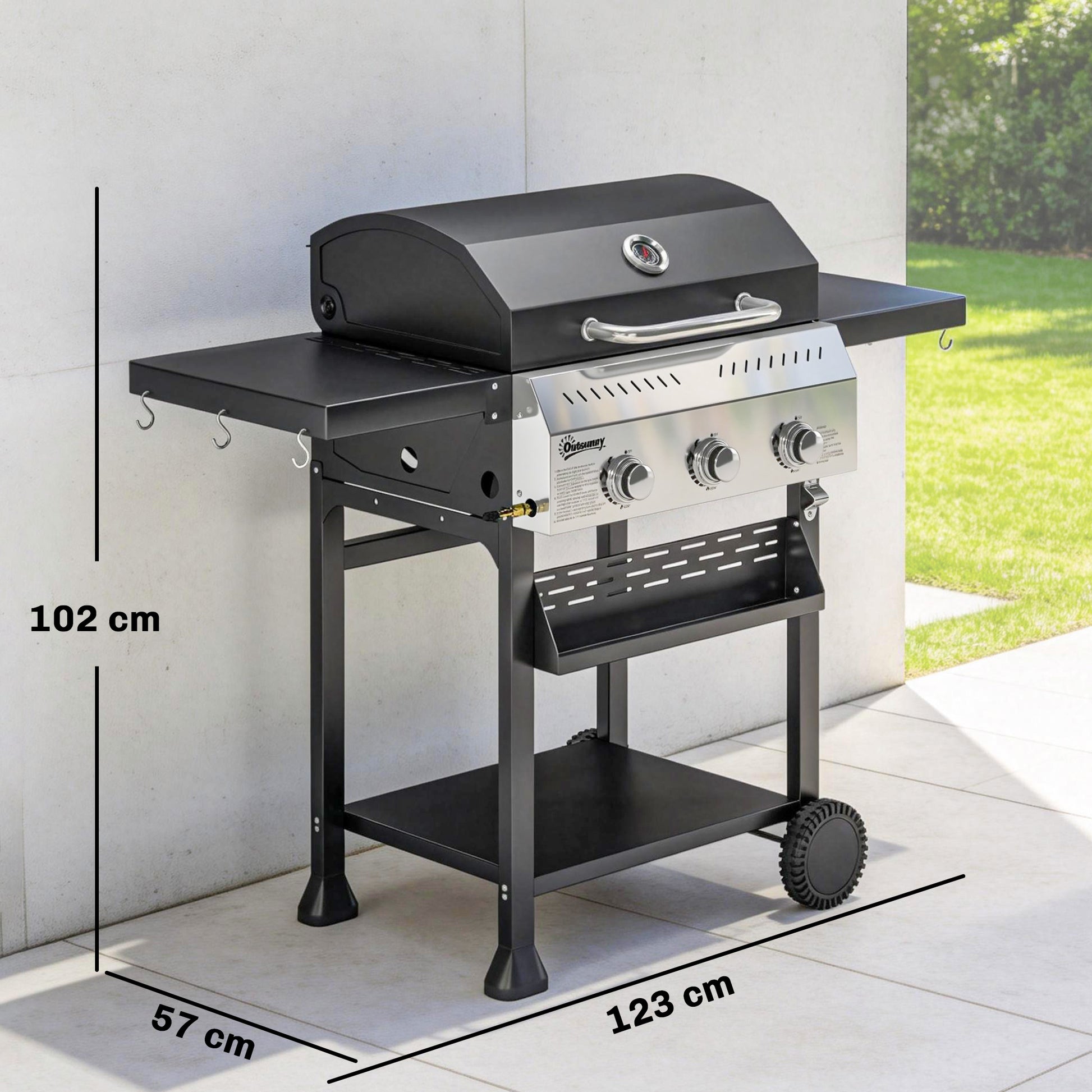 Outsunny Barbacoa de Gas BBQ Gas con 3 Quemadores 9 kW Barbacoa Portátil con Termómetro Mesas Laterales Plegables Estante Rejilla Calentadora Especiero Parrilla Recogedor Grasa 2 Ruedas Ganchos Negro