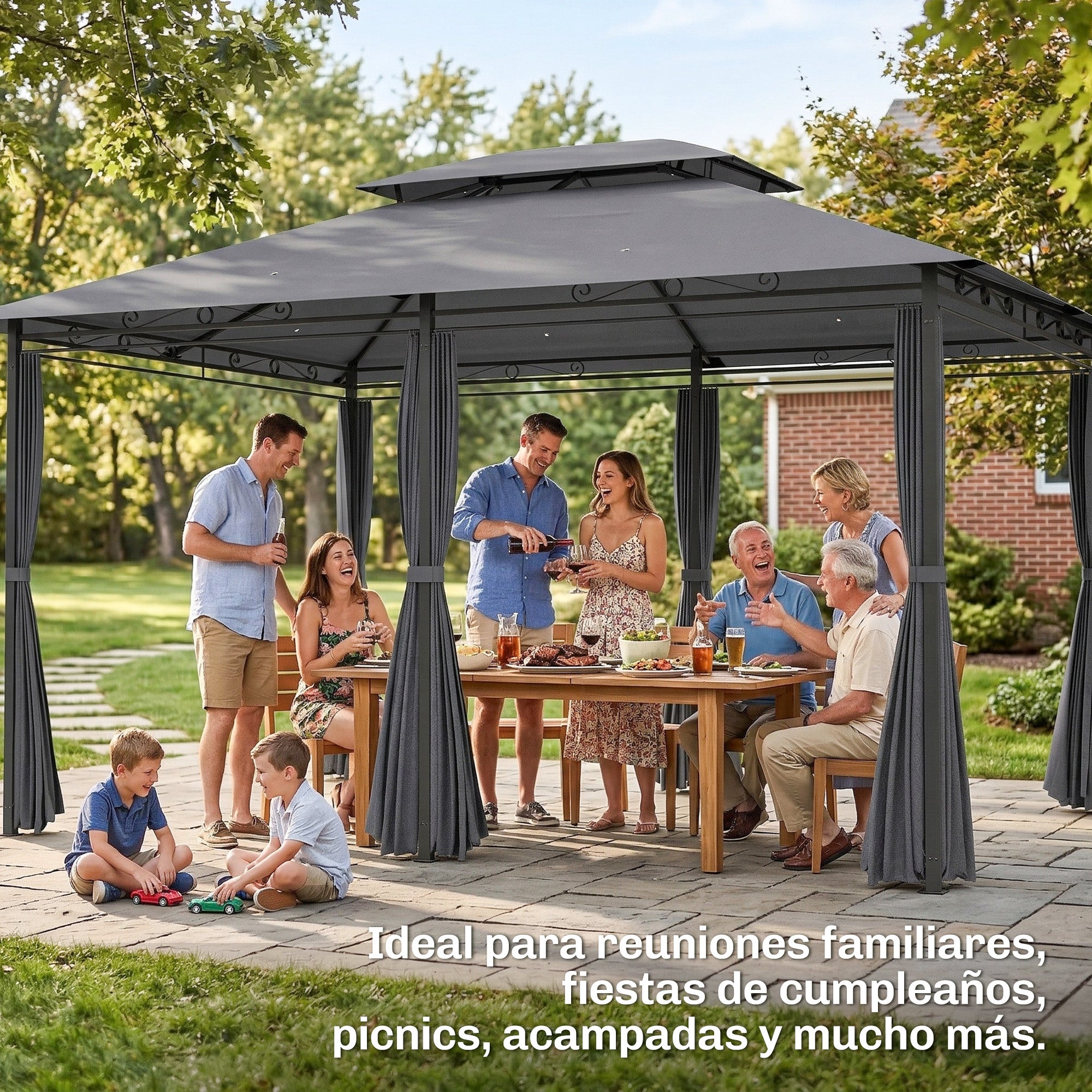 Outsunny Cenador para Jardín 3x4 m, Pabellón de Jardín, Gazebo con Doble Techo, 6 Paredes Laterales, Estructura Metálica, Drenaje, Carpa para Exterior, Terraza, Patio, Gris