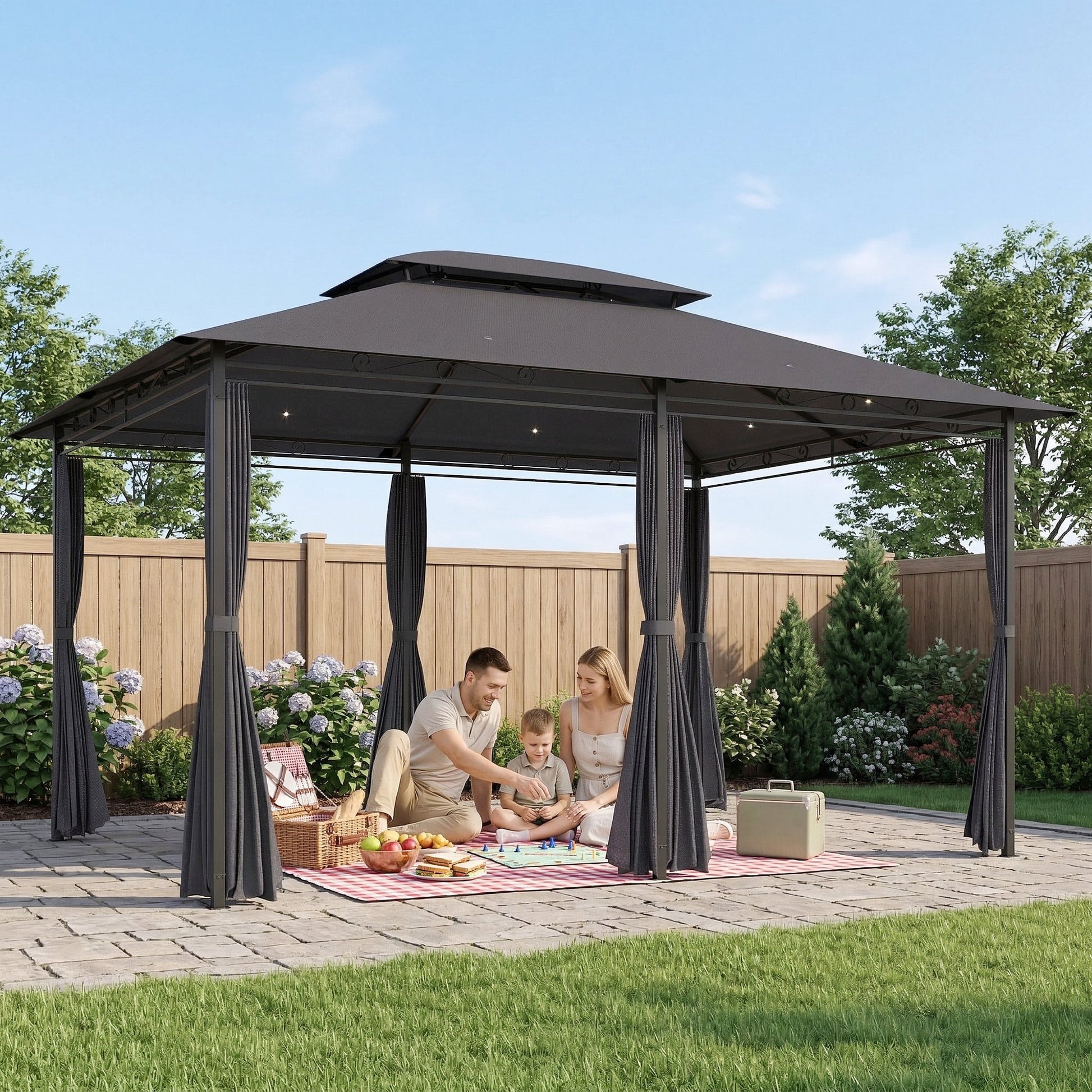 Outsunny Cenador para Jardín 3x4 m, Pabellón de Jardín, Gazebo con Doble Techo, 6 Paredes Laterales, Estructura Metálica, Drenaje, Carpa para Exterior, Terraza, Patio, Gris