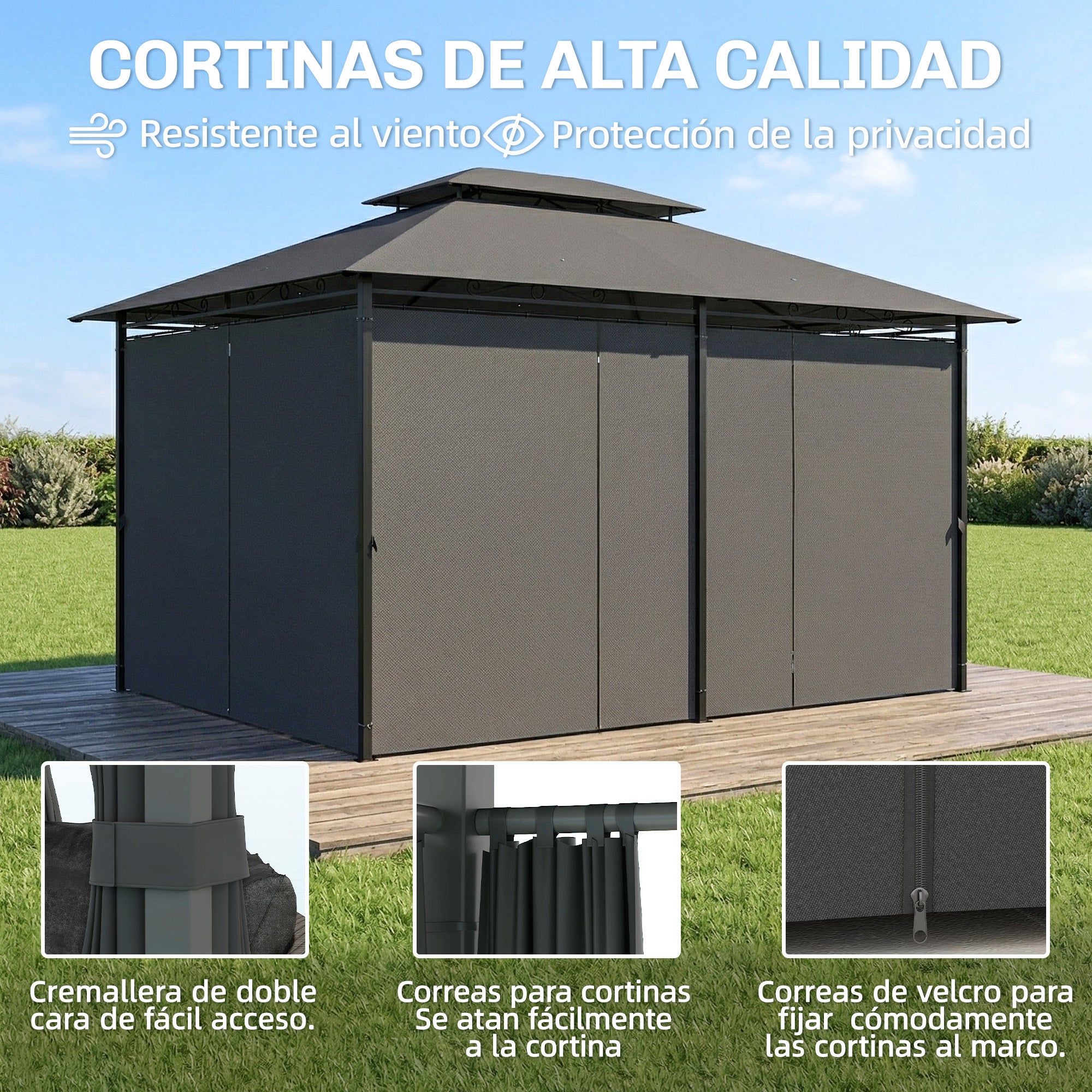 Outsunny Cenador para Jardín 3x4 m, Pabellón de Jardín, Gazebo con Doble Techo, 6 Paredes Laterales, Estructura Metálica, Drenaje, Carpa para Exterior, Terraza, Patio, Gris