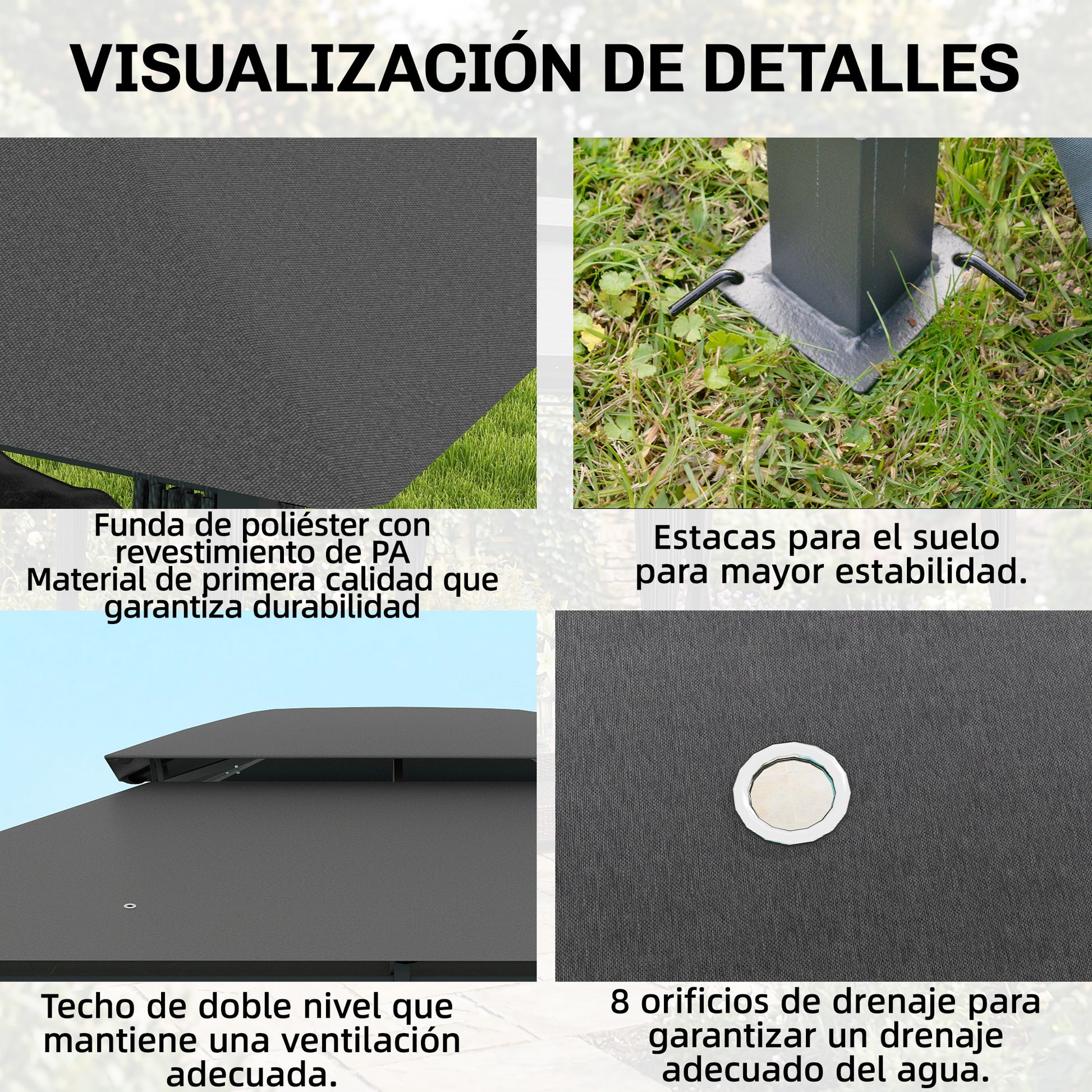 Outsunny Cenador para Jardín 3x4 m, Pabellón de Jardín, Gazebo con Doble Techo, 6 Paredes Laterales, Estructura Metálica, Drenaje, Carpa para Exterior, Terraza, Patio, Gris