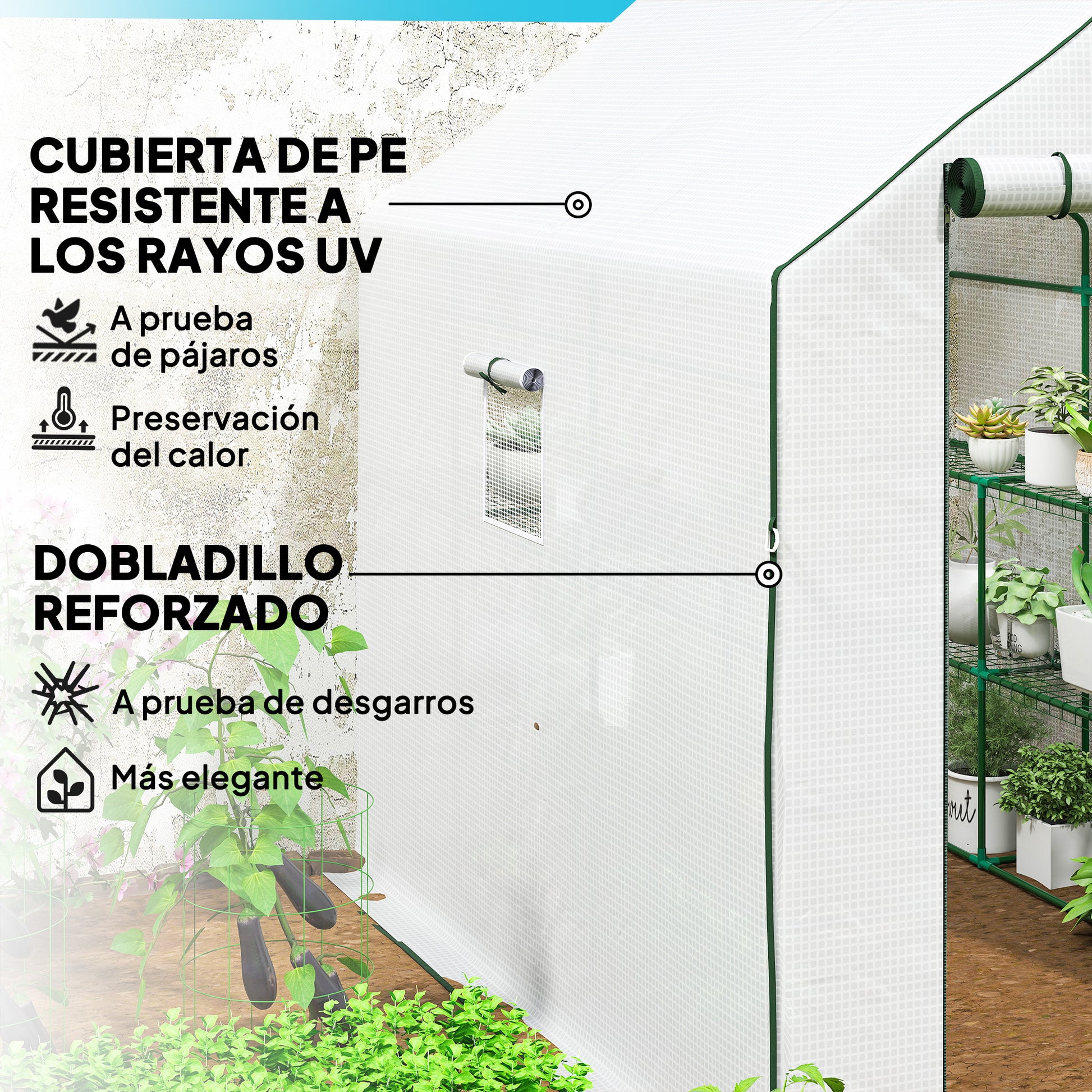 Outsunny Invernadero de Jardín de 3 Niveles, Invernadero de Exterior con 12 Estantes, Puerta Enrollable, Ventanas, Anti-UV, Cubierta de PE 135g/m² para Cultivos, Plantas, Flores, 140x213x190 cm Blanco
