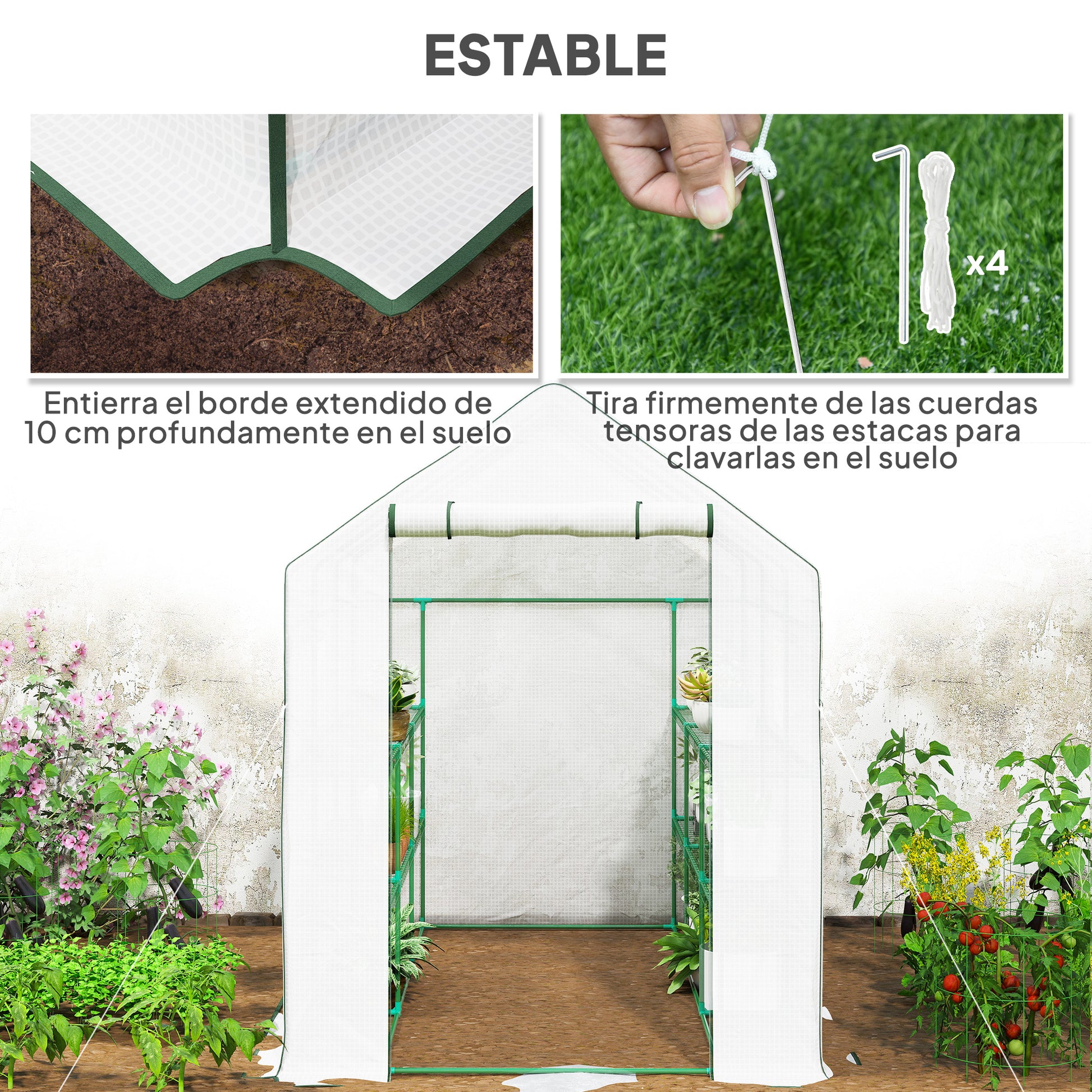 Outsunny Invernadero de Jardín de 3 Niveles, Invernadero de Exterior con 12 Estantes, Puerta Enrollable, Ventanas, Anti-UV, Cubierta de PE 135g/m² para Cultivos, Plantas, Flores, 140x213x190 cm Blanco