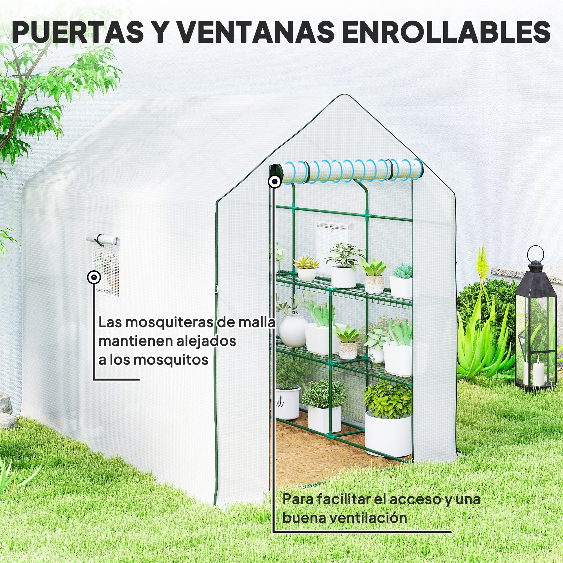 Outsunny Invernadero de Jardín de 3 Niveles, Invernadero de Exterior con 12 Estantes, Puerta Enrollable, Ventanas, Anti-UV, Cubierta de PE 135g/m² para Cultivos, Plantas, Flores, 140x213x190 cm Blanco