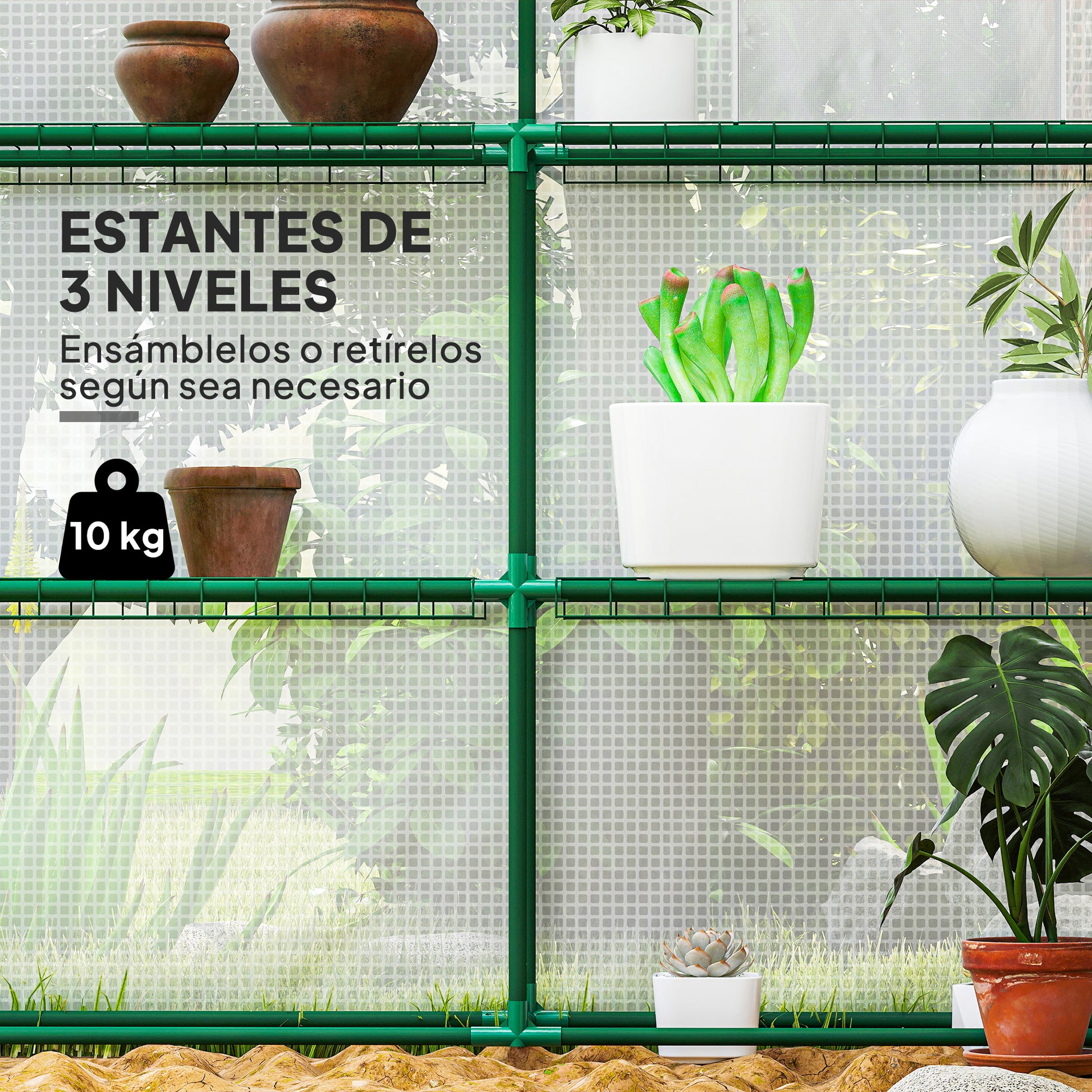 Outsunny Invernadero de Jardín de 3 Niveles, Invernadero de Exterior con 12 Estantes, Puerta Enrollable, Ventanas, Anti-UV, Cubierta de PE 135g/m² para Cultivos, Plantas, Flores, 140x213x190 cm Blanco