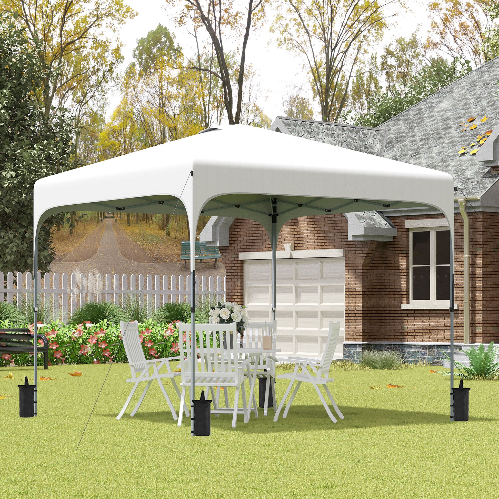 Outsunny Cenador Plegable Pop-UP 2,5x2,5x2,68 m Carpa de Jardín Protección UV 50+ Ajustable en Altura con 4 Bolsas de Arena y Bolsa de Transporte para Camping Fiestas Patio Blanco