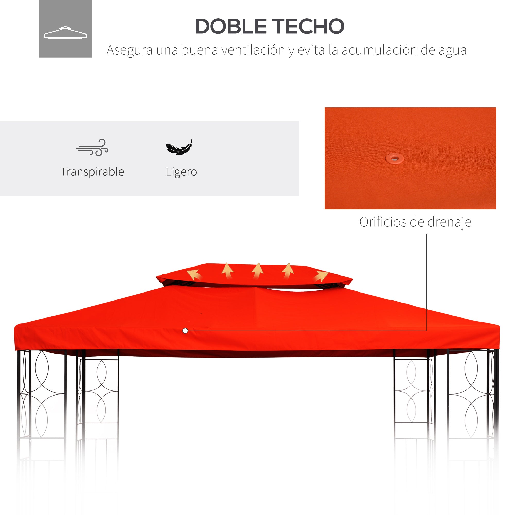 Outsunny Techo de Repuesto para Cenador 4x3 m Cubierta de Repuesto con Techo Doble 10 Orificios de Drenaje y Protección UV Toldo de Recambio para Pabellón Gazebo Rojo