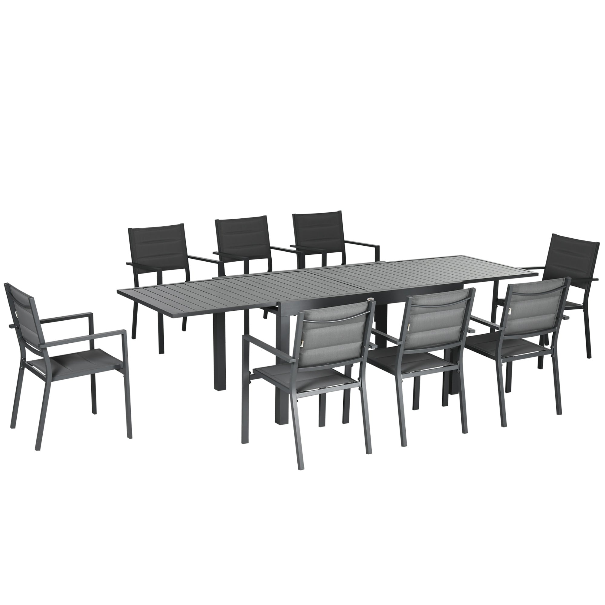 Outsunny Conjunto de Muebles de Jardín de 9 Piezas Marco de Aluminio Juegos de Comedor de Jardín con Mesa Extensible y 8 Sillas Apilables para Terraza Patio Gris