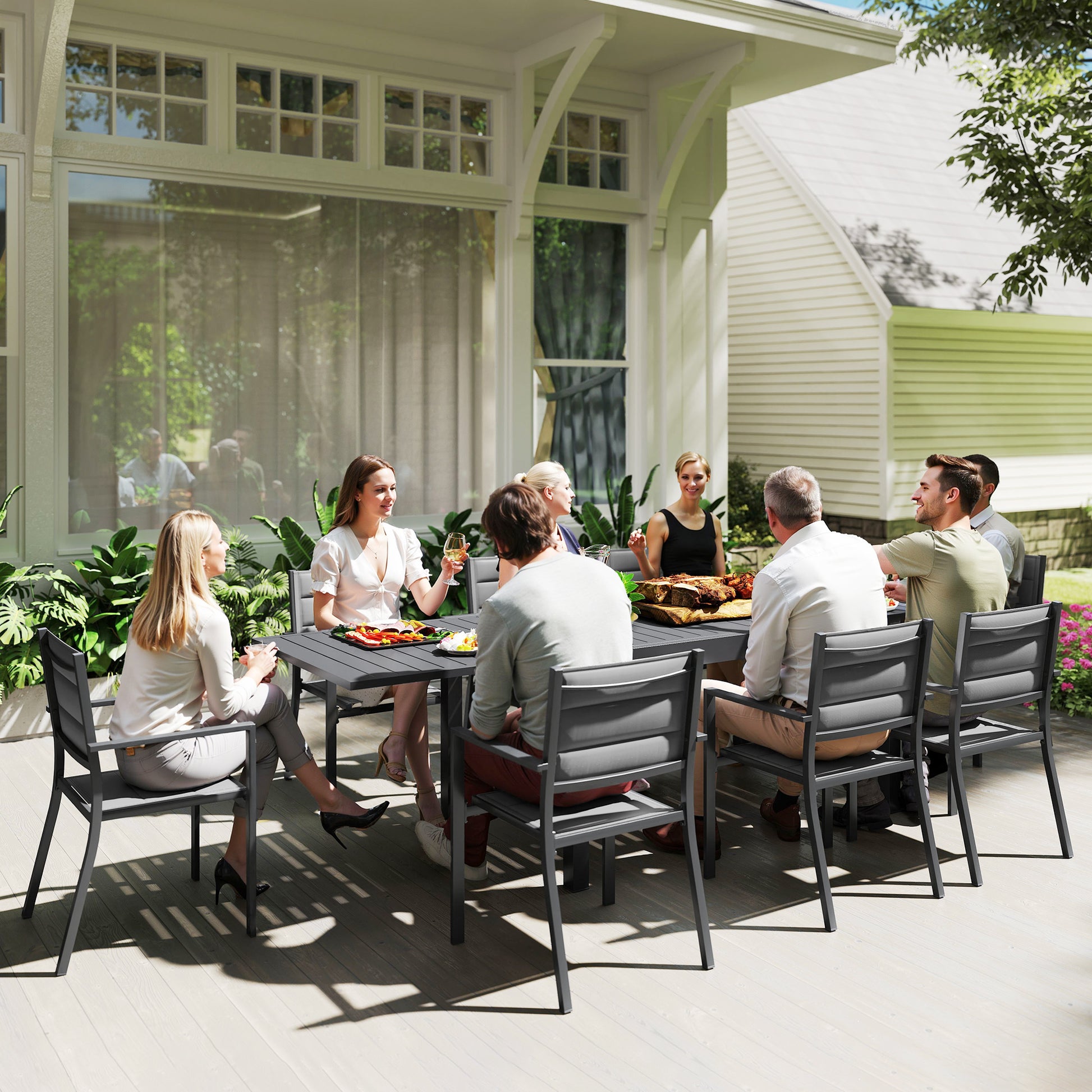 Outsunny Conjunto de Muebles de Jardín de 9 Piezas Marco de Aluminio Juegos de Comedor de Jardín con Mesa Extensible y 8 Sillas Apilables para Terraza Patio Gris