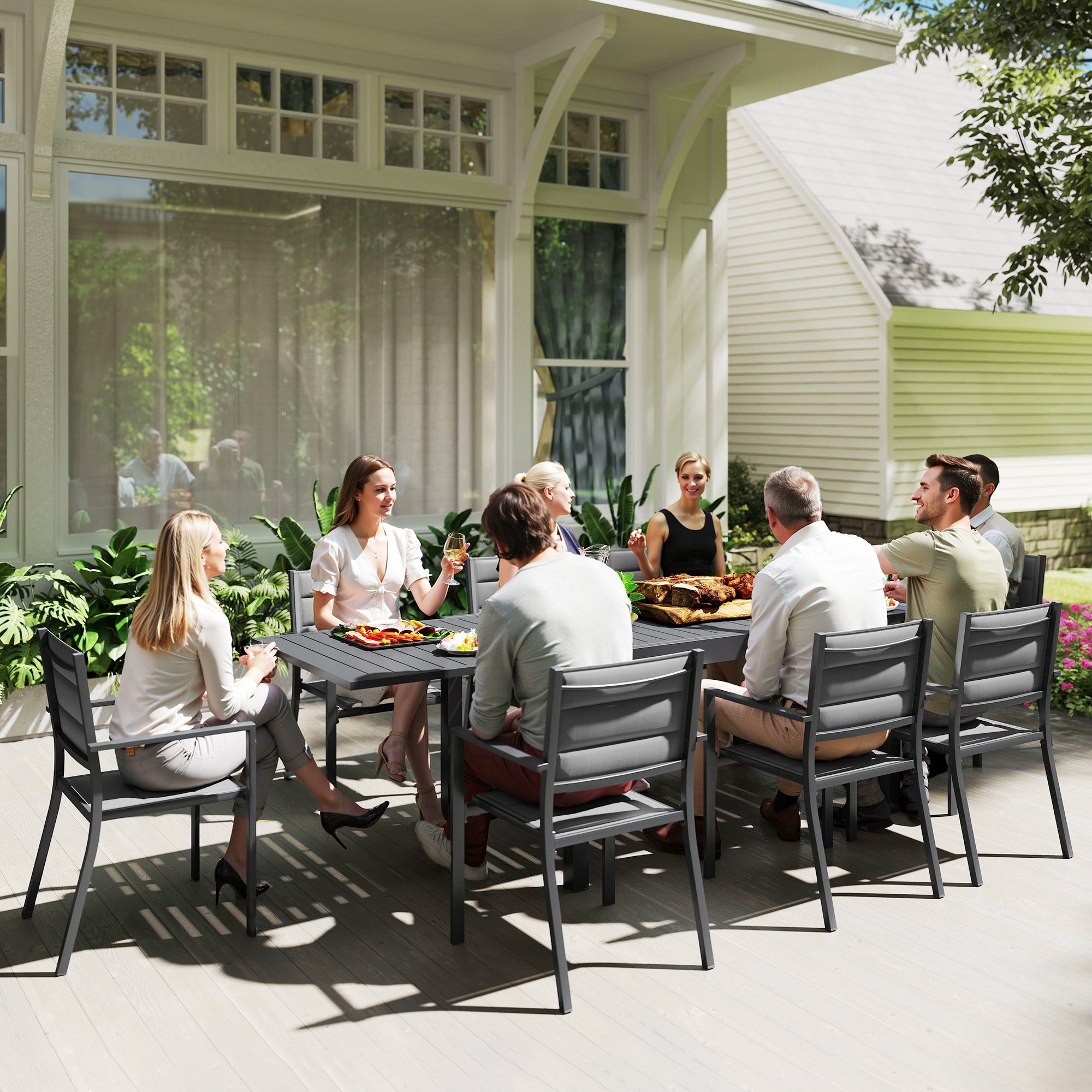Outsunny Conjunto de Muebles de Jardín de 9 Piezas Marco de Aluminio Juegos de Comedor de Jardín con Mesa Extensible y 8 Sillas Apilables para Terraza Patio Gris