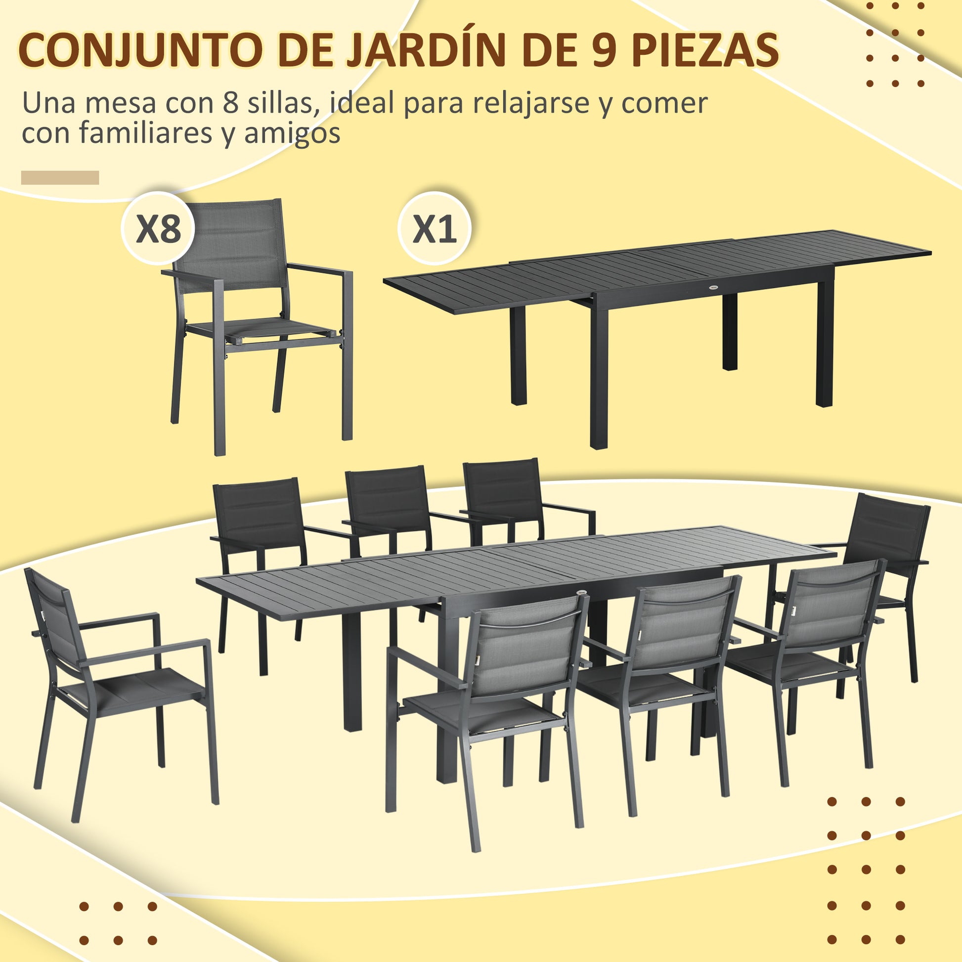 Outsunny Conjunto de Muebles de Jardín de 9 Piezas Marco de Aluminio Juegos de Comedor de Jardín con Mesa Extensible y 8 Sillas Apilables para Terraza Patio Gris