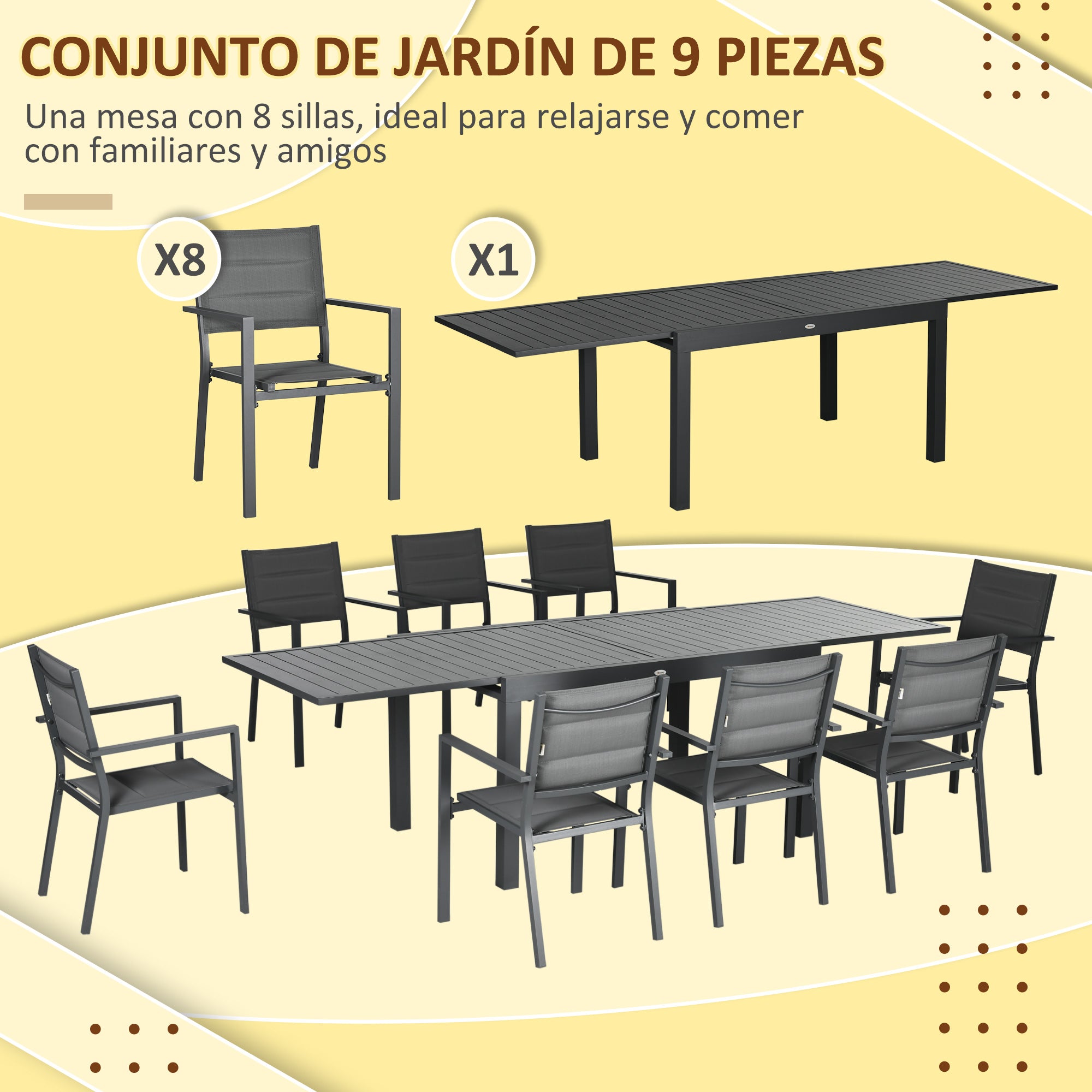 Outsunny Conjunto de Muebles de Jardín de 9 Piezas Marco de Aluminio Juegos de Comedor de Jardín con Mesa Extensible y 8 Sillas Apilables para Terraza Patio Gris