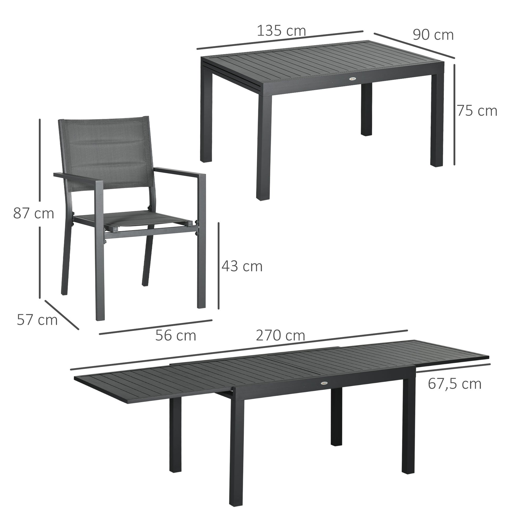 Outsunny Conjunto de Muebles de Jardín de 9 Piezas Marco de Aluminio Juegos de Comedor de Jardín con Mesa Extensible y 8 Sillas Apilables para Terraza Patio Gris