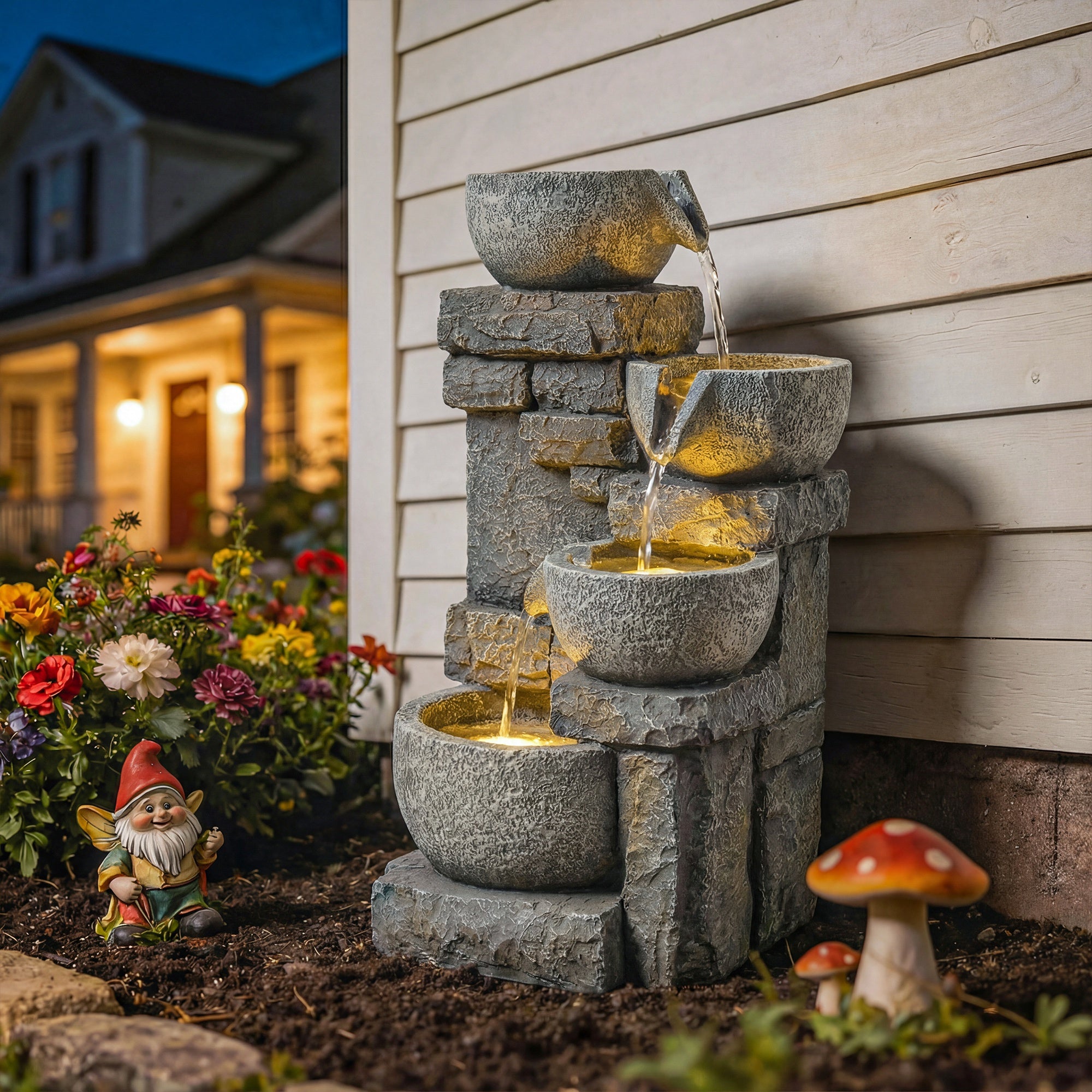 Outsunny Fuente de Agua Decorativa con Iluminación LED y Bomba, Fuente de Jardín Exterior en Cascada de 4 Niveles, Flujo Ajustable, Resistente a la intemperie, para Jardín, Terraza, Patio, Gris