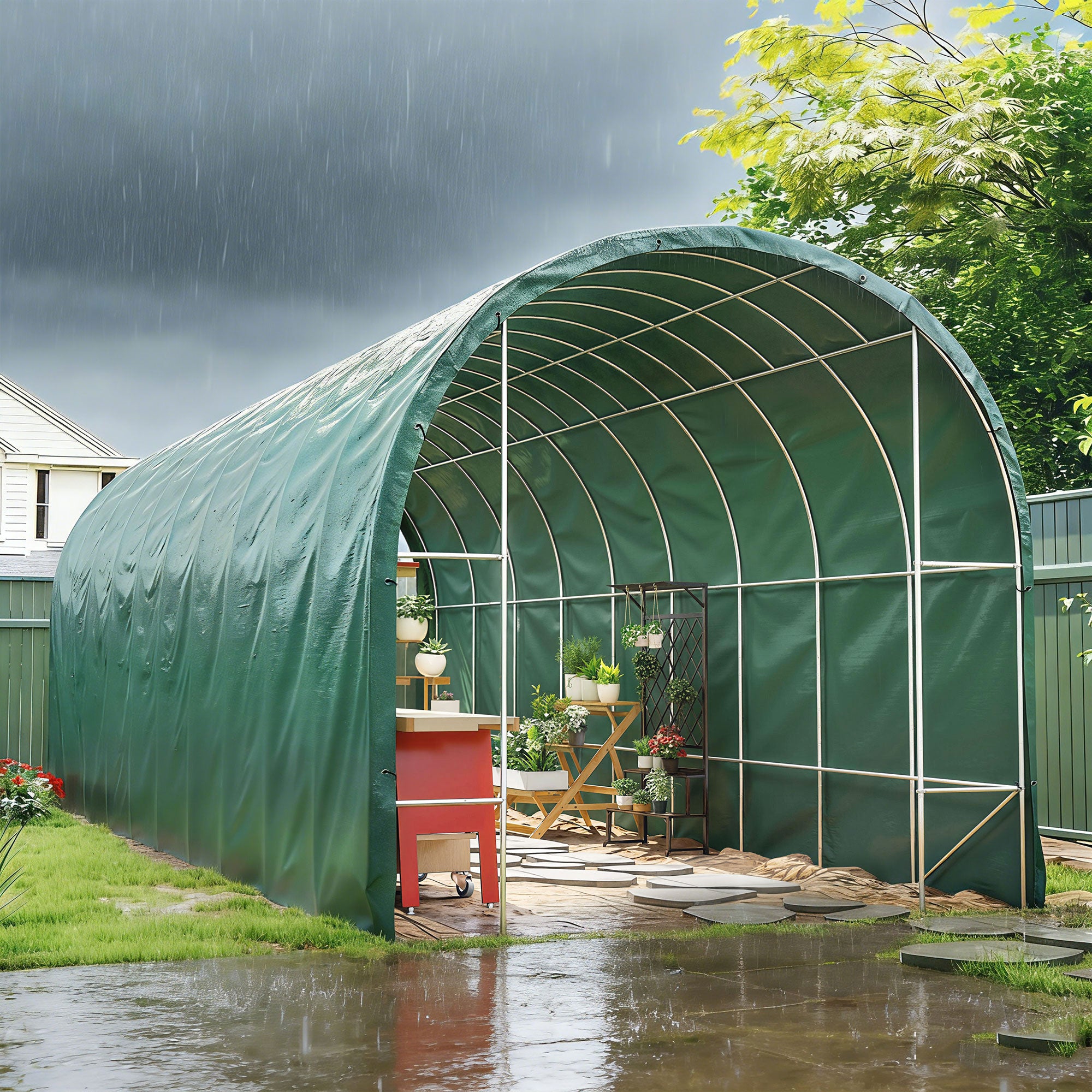 Outsunny Lona Impermeable Exterior 6x8 m, Toldo PE Resistente a Rasgaduras 90 g/m², Protección UV, con Ojales Reforzados para Leña, Muebles de Jardín, Invernaderos, Vehículos, Verde