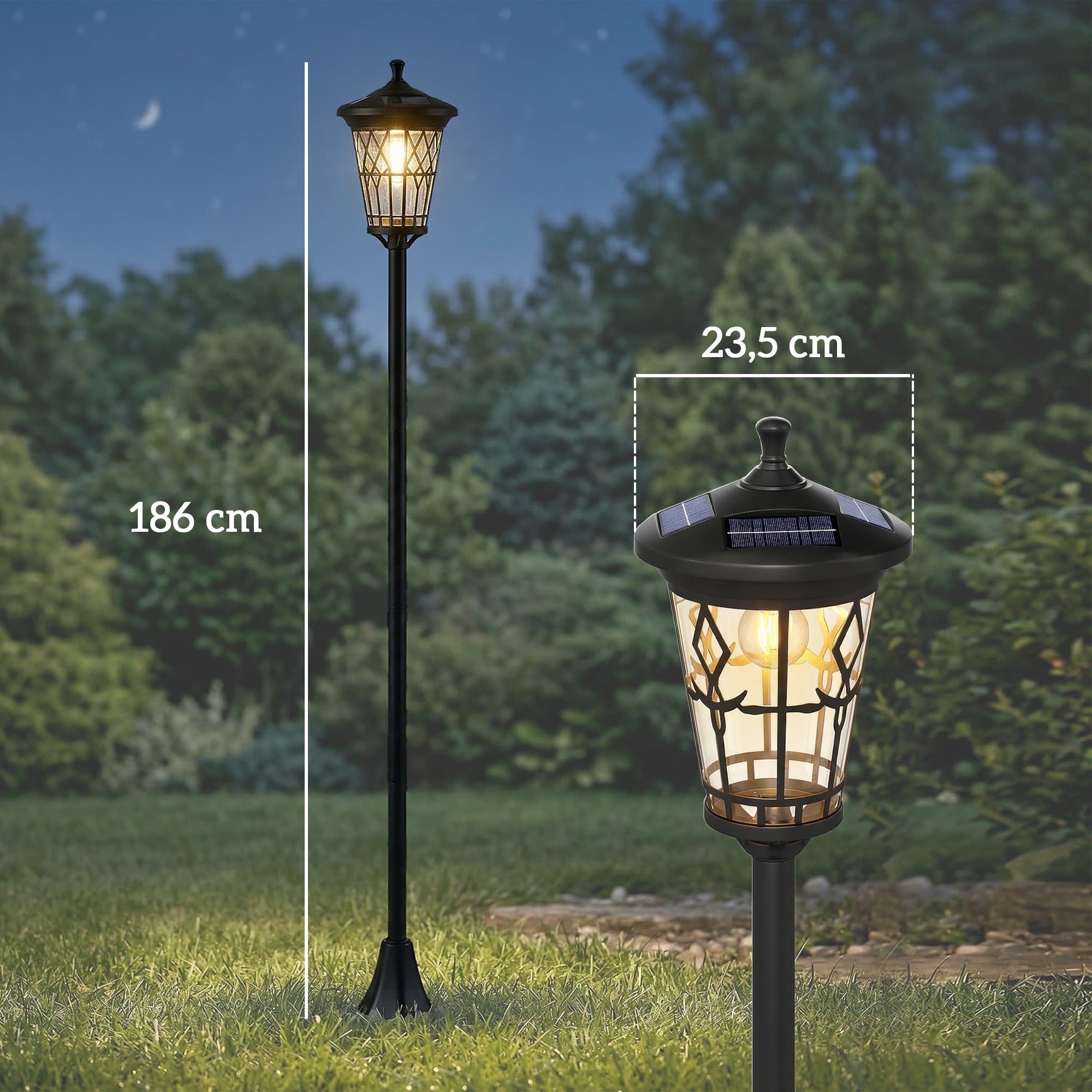 Outsunny Set de 2 Farolas Solares de Jardín, Luces Solares de Exterior de Acero Inoxidable con Altura Ajustable, 2 Modos de Brillo, IP44 Impermeable, para Terraza, Patio, 23,5x23,5x186 cm, Negro