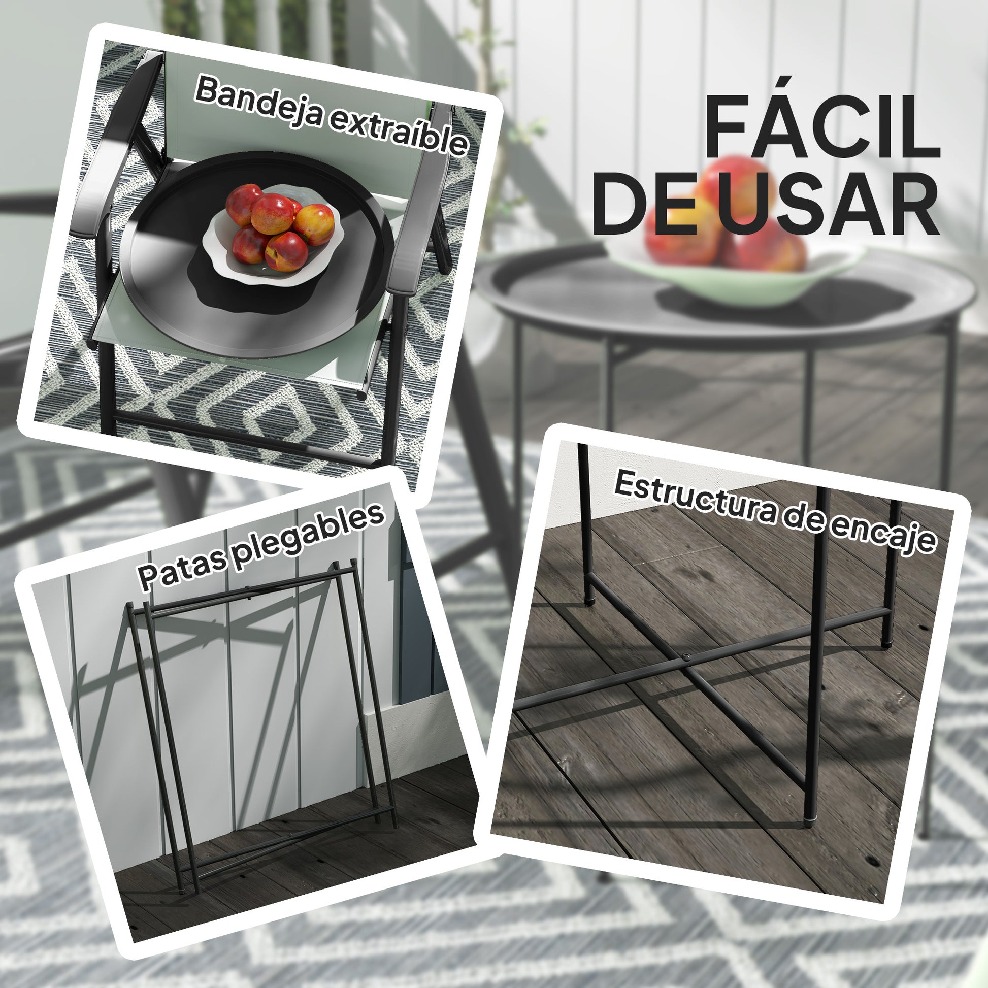 Outsunny Mesa Auxiliar Redonda Mesa de Jardín Exterior con Bandeja Extraíble Patas Plegables Mesa para Exterior Terraza Patio Ø46x50 cm Negro