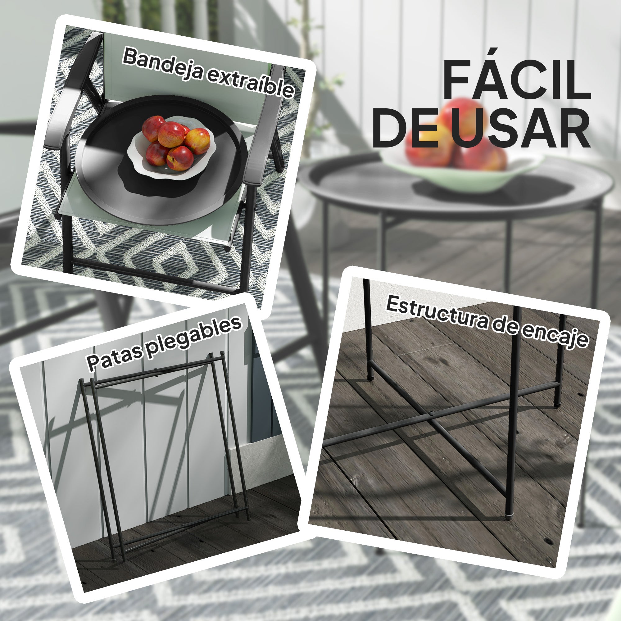 Outsunny Mesa Auxiliar Redonda Mesa de Jardín Exterior con Bandeja Extraíble Patas Plegables Mesa para Exterior Terraza Patio Ø46x50 cm Negro