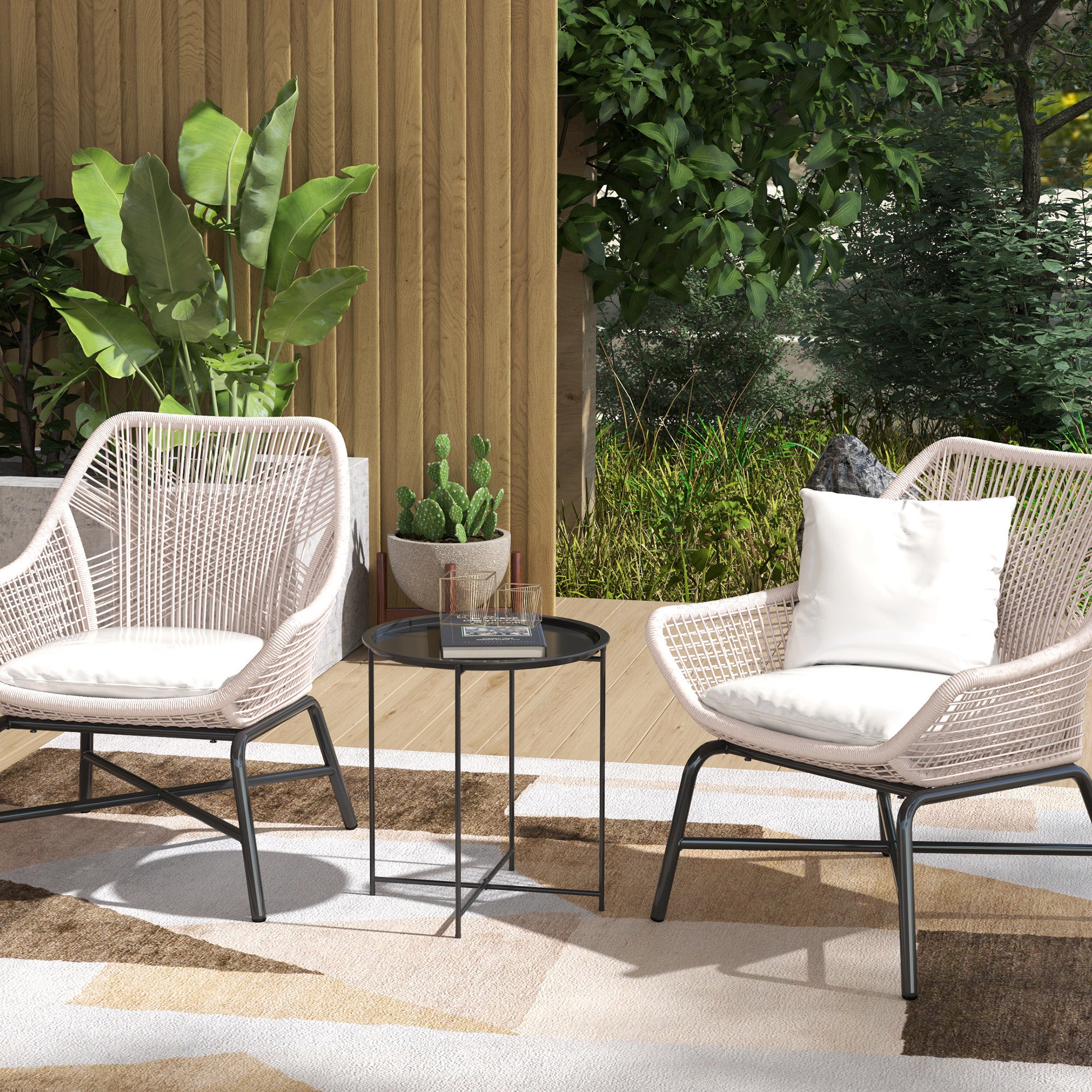 Outsunny Mesa Auxiliar Redonda Mesa de Jardín Exterior con Bandeja Extraíble Patas Plegables Mesa para Exterior Terraza Patio Ø46x50 cm Negro