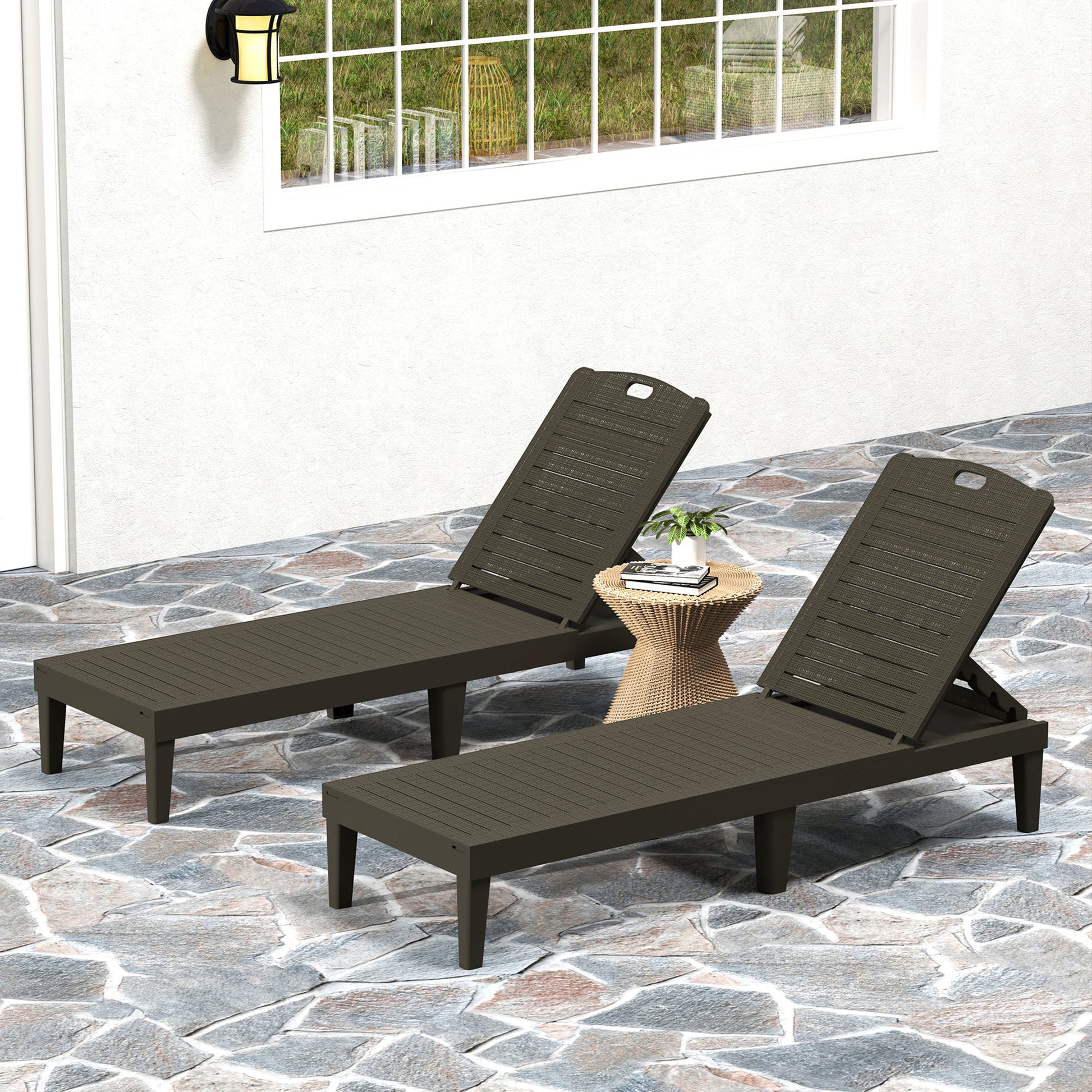 Outsunny Pack de 2 Tumbonas de Jardín Exterior, Tumbonas Reclinables de Plástico PP con Respaldo Ajustable de 4 Niveles, Resistentes a la Intemperie, para Playa, Piscina, Negro