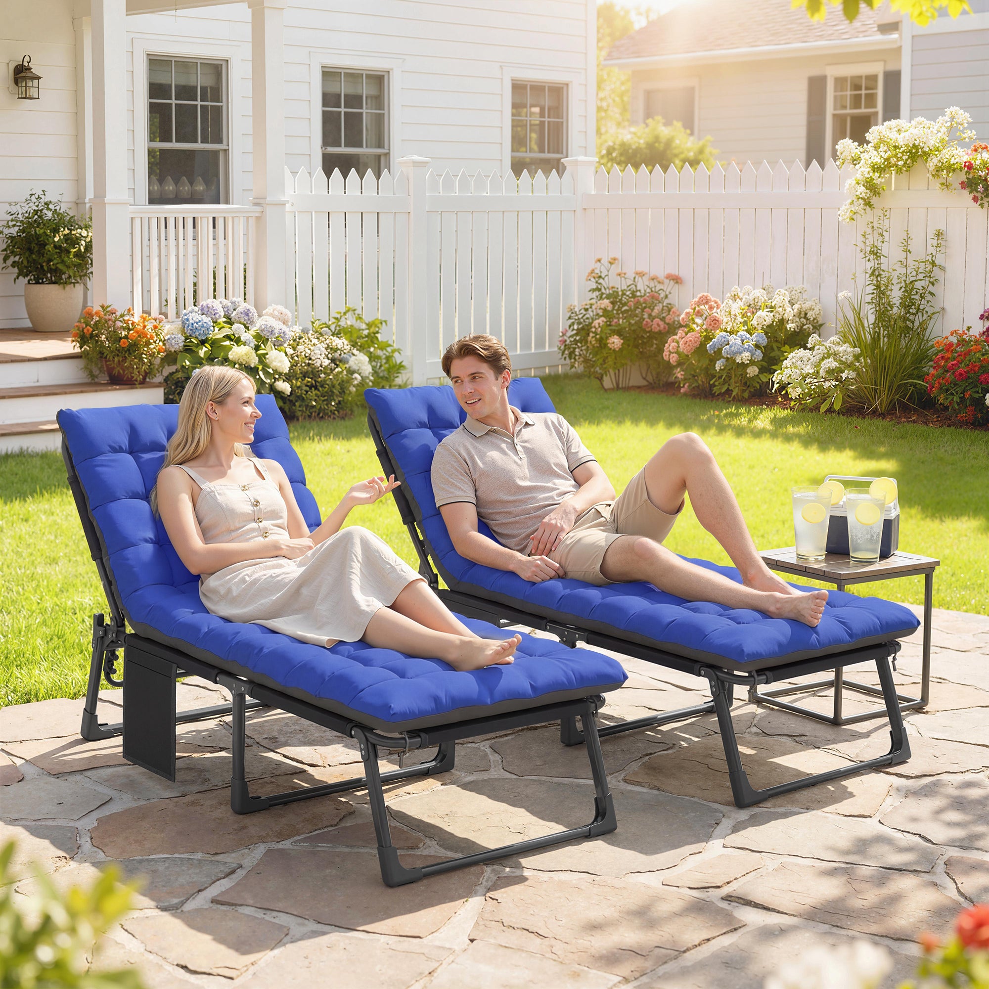 Outsunny Set de 2 Tumbonas Jardín Exterior, Tumbonas Plegables con Cojines, Respaldo Reclinable 5 Posiciones, Asiento Extra Ancho de Textilene, Bolsillo Lateral y Reposacabezas para Playa, Azul