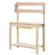 Outsunny Mesa de Plantación de Madera Mesa para Macetas Mesa de Trabajo con Tablero Deslizante 3 Estantes Ganchos Jardín Patio Garaje 100x40x140 cm Natural