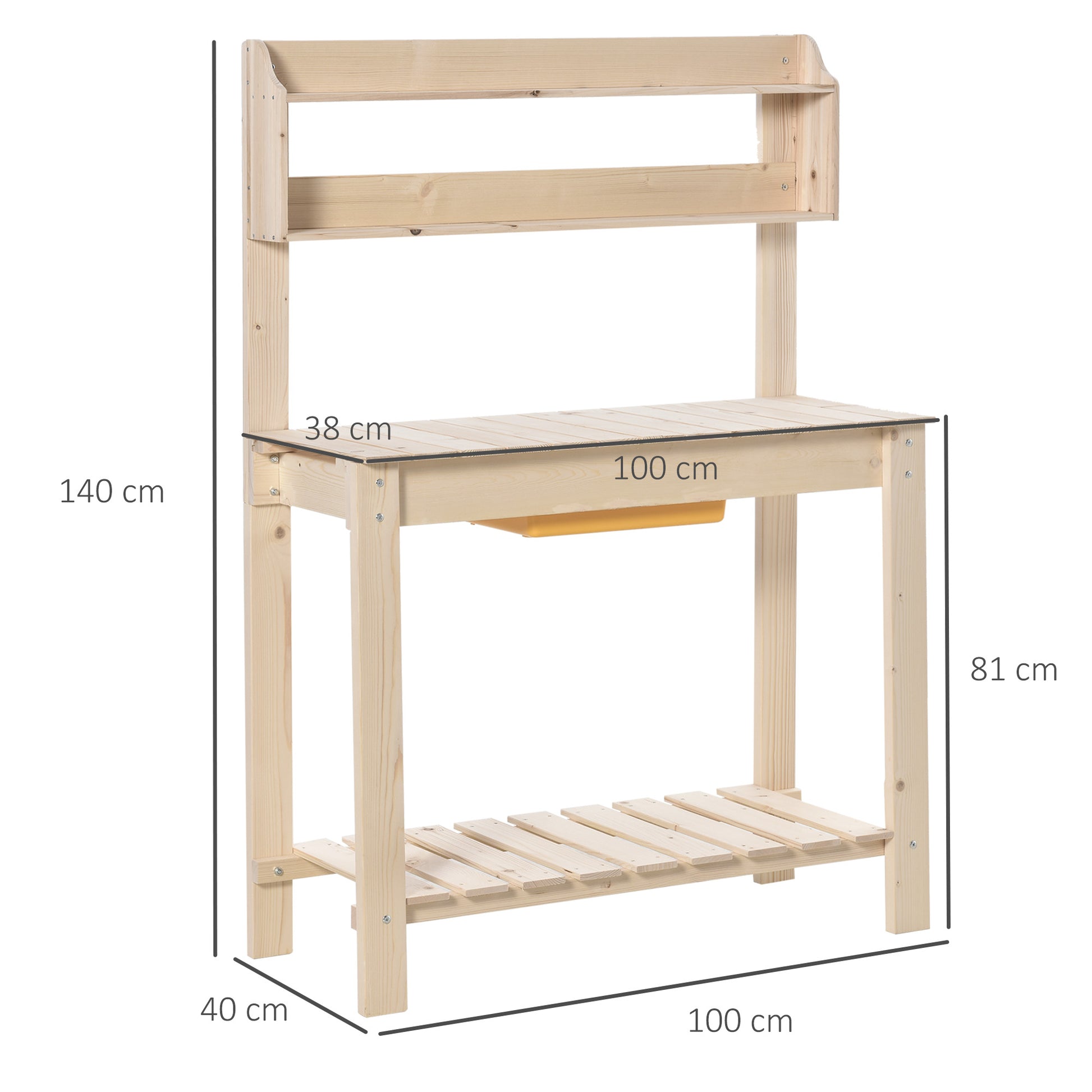 Outsunny Mesa de Plantación de Madera Mesa para Macetas Mesa de Trabajo con Tablero Deslizante 3 Estantes Ganchos Jardín Patio Garaje 100x40x140 cm Natural