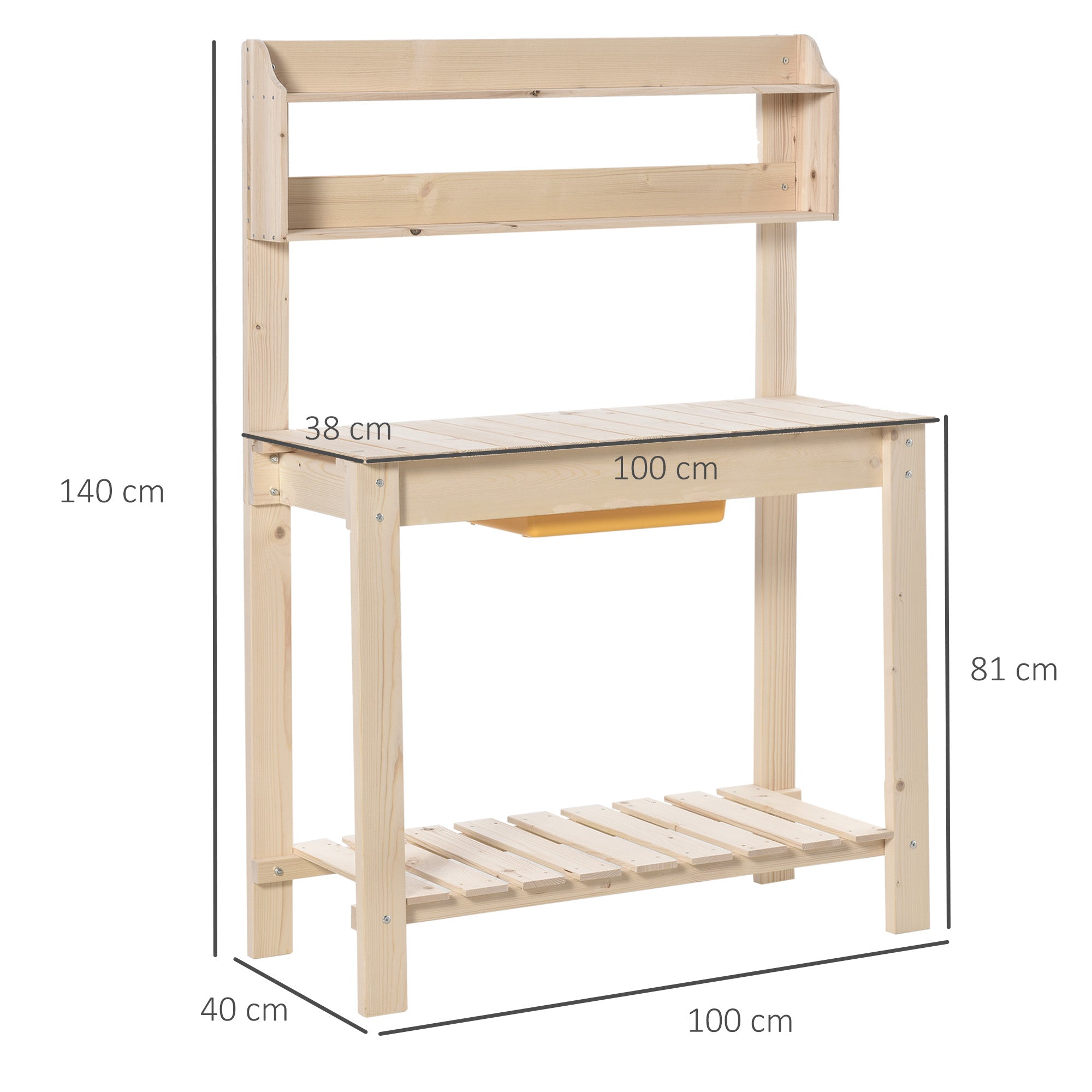 Outsunny Mesa de Plantación de Madera Mesa para Macetas Mesa de Trabajo con Tablero Deslizante 3 Estantes Ganchos Jardín Patio Garaje 100x40x140 cm Natural