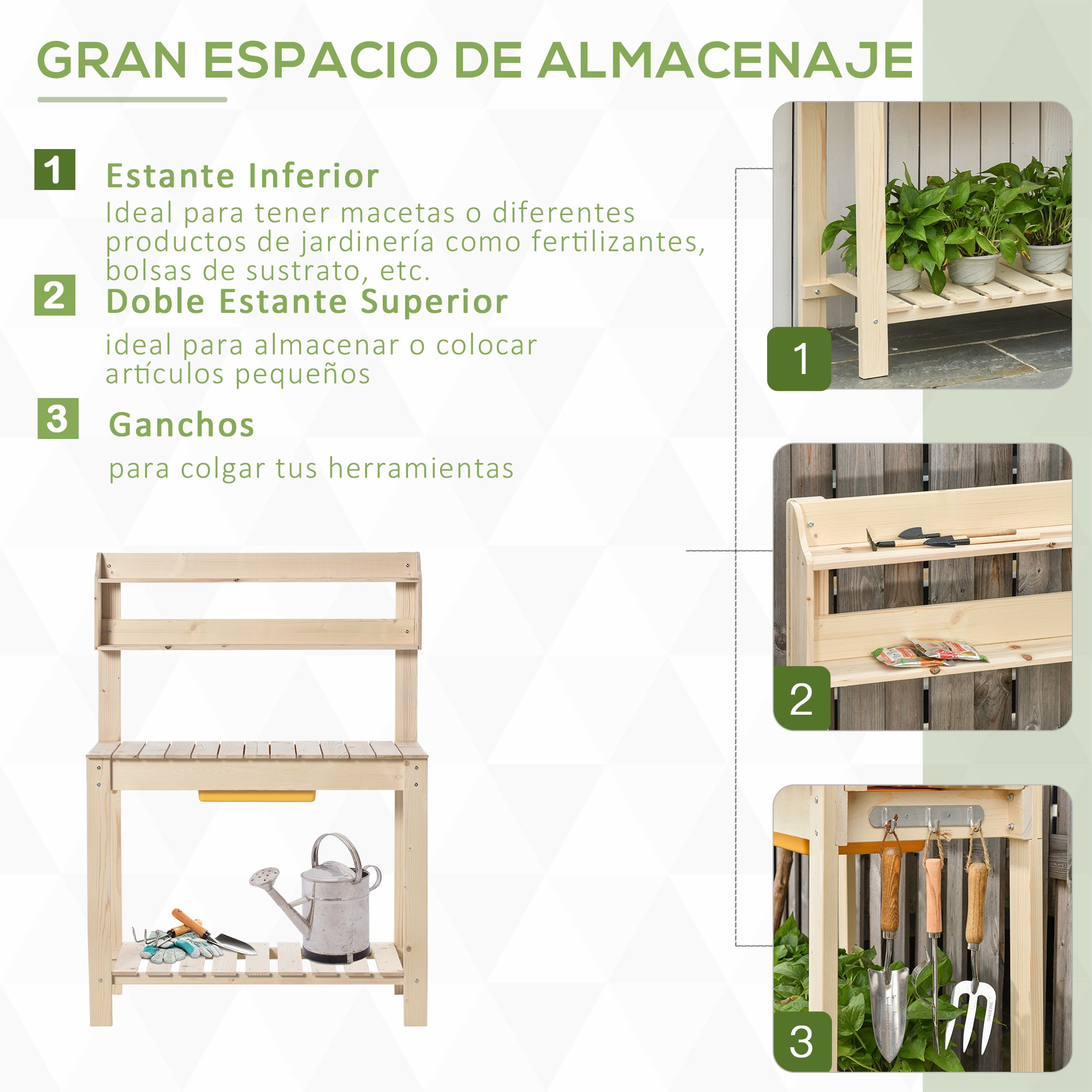 Outsunny Mesa de Plantación de Madera Mesa para Macetas Mesa de Trabajo con Tablero Deslizante 3 Estantes Ganchos Jardín Patio Garaje 100x40x140 cm Natural