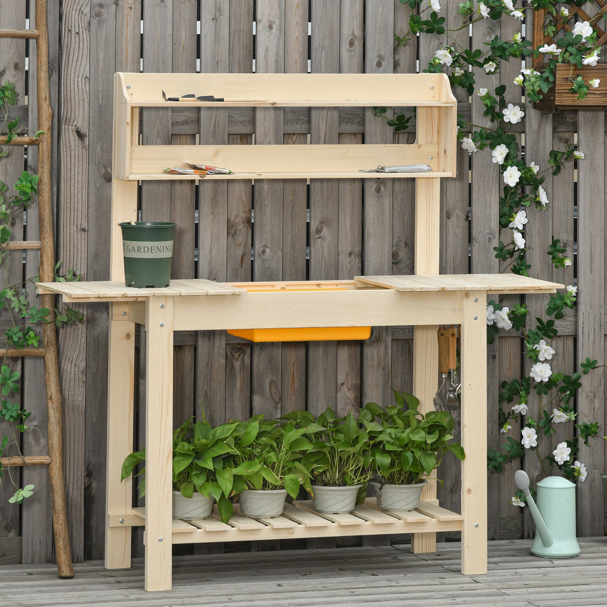 Outsunny Mesa de Plantación de Madera Mesa para Macetas Mesa de Trabajo con Tablero Deslizante 3 Estantes Ganchos Jardín Patio Garaje 100x40x140 cm Natural