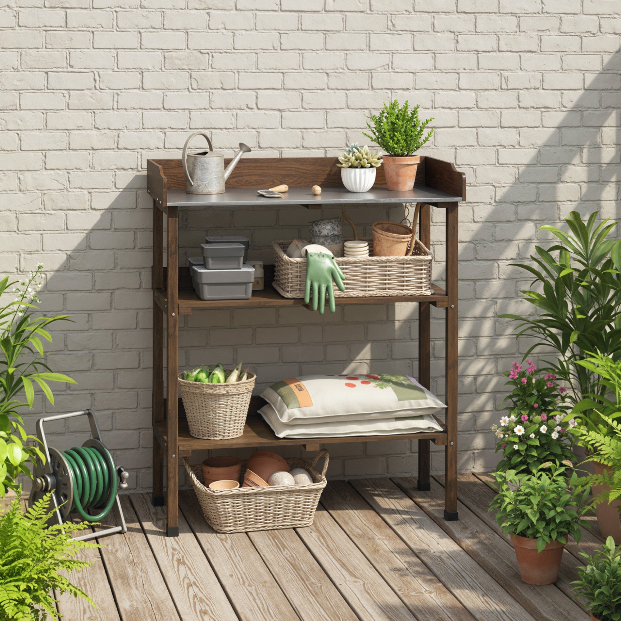 Outsunny Mesa de Plantación de Madera de 3 Niveles, Mesa de Jardinería con Placa Metálica, 2 Estantes y Ganchos, Resistente a la Intemperie, para Jardín, Terraza, Balcón, 76x37x89 cm, Carbonizado