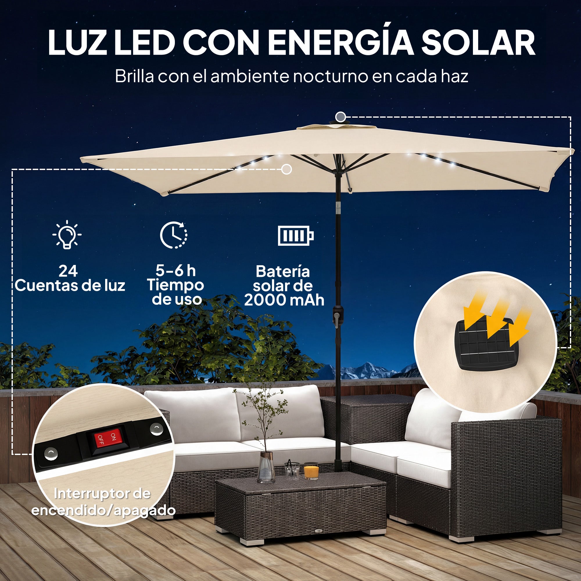 Outsunny Sombrilla Terraza Exterior, 2,9x2,5 m, Sombrilla de Jardín con 24 Luces LED Solares, Dosel Inclinable, Poste Metálico, Parasol para Patio, Terraza, Crema