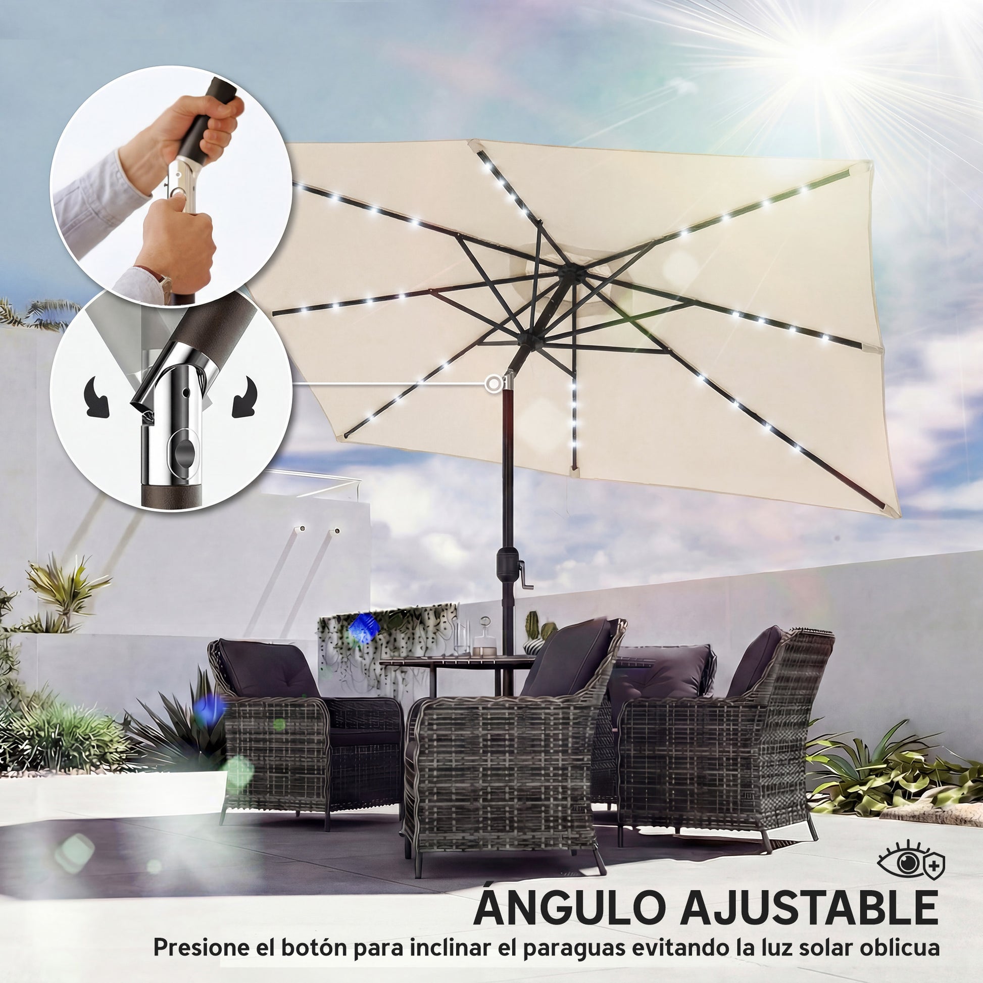 Outsunny Sombrilla Terraza Exterior, 2,9x2,5 m, Sombrilla de Jardín con 24 Luces LED Solares, Dosel Inclinable, Poste Metálico, Parasol para Patio, Terraza, Crema