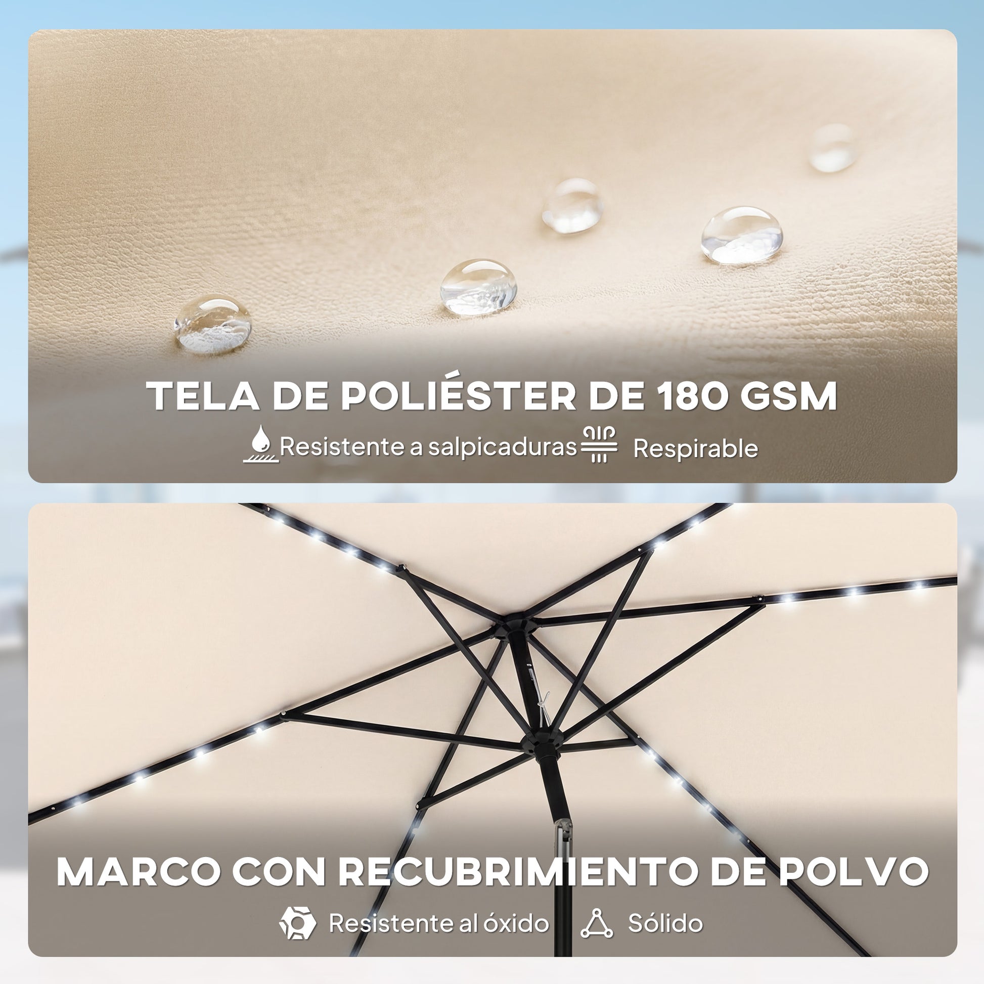Outsunny Sombrilla Terraza Exterior, 2,9x2,5 m, Sombrilla de Jardín con 24 Luces LED Solares, Dosel Inclinable, Poste Metálico, Parasol para Patio, Terraza, Crema